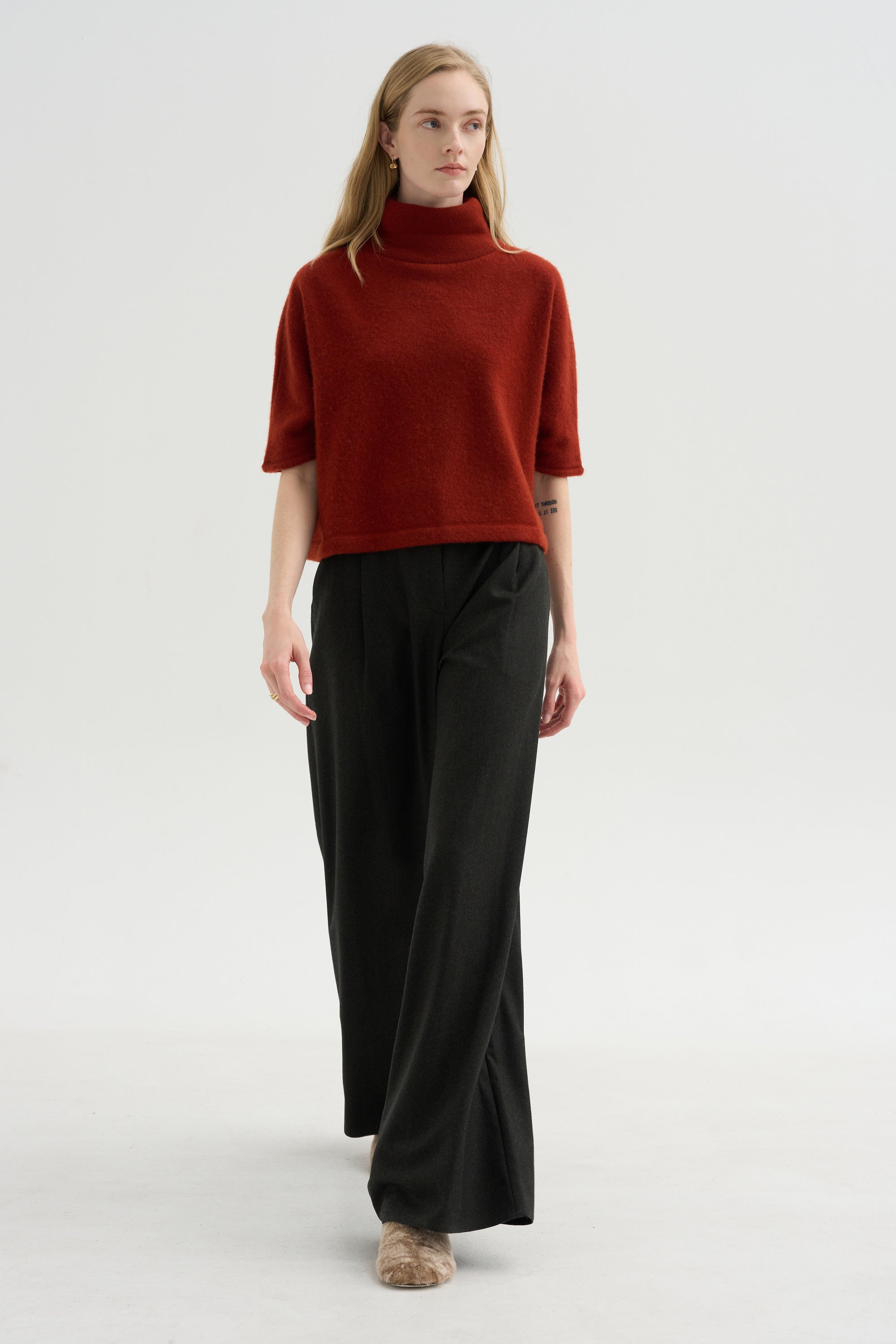 High Neck Short Sleeve Knit Top, Saffron
