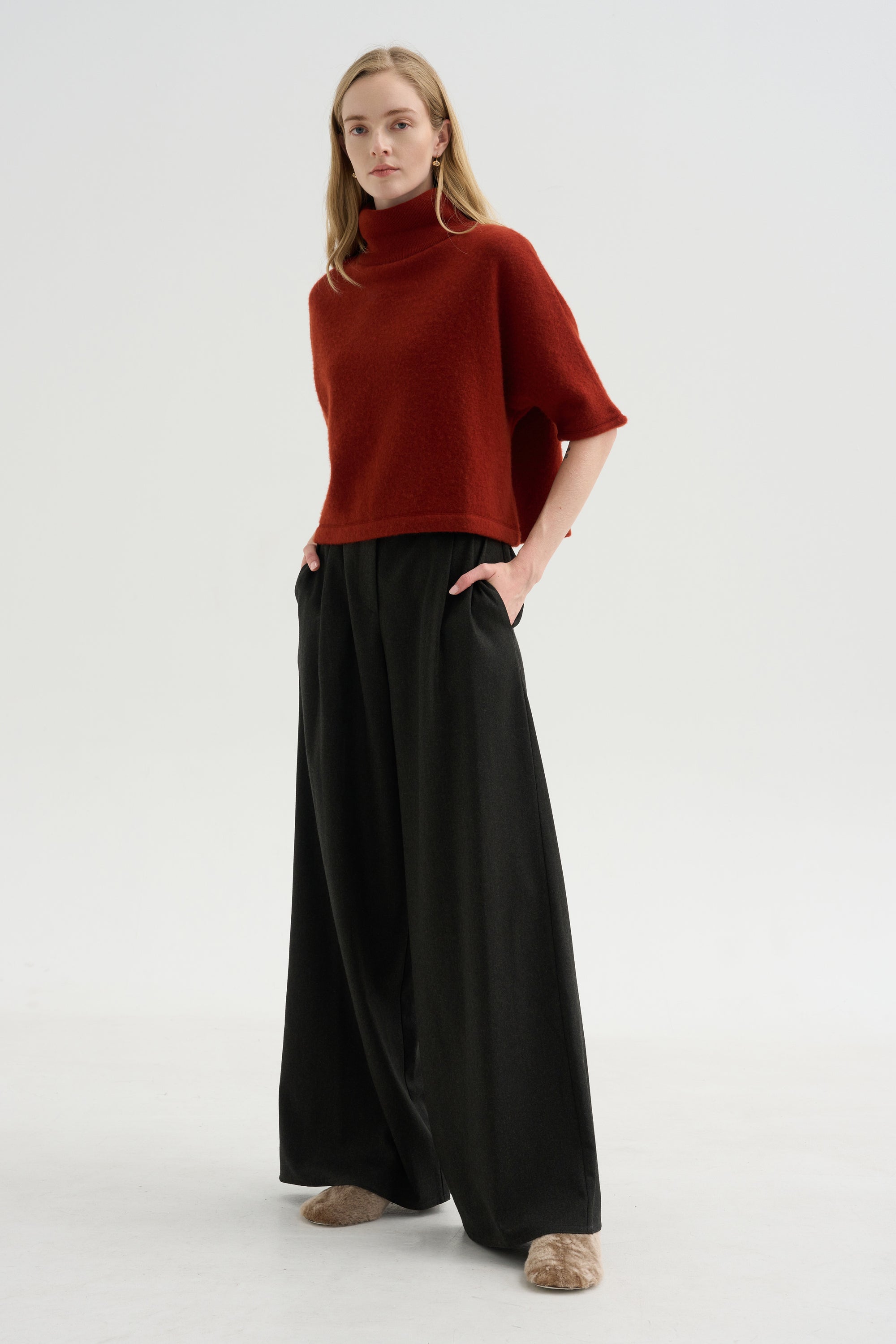 High Neck Short Sleeve Knit Top, Saffron
