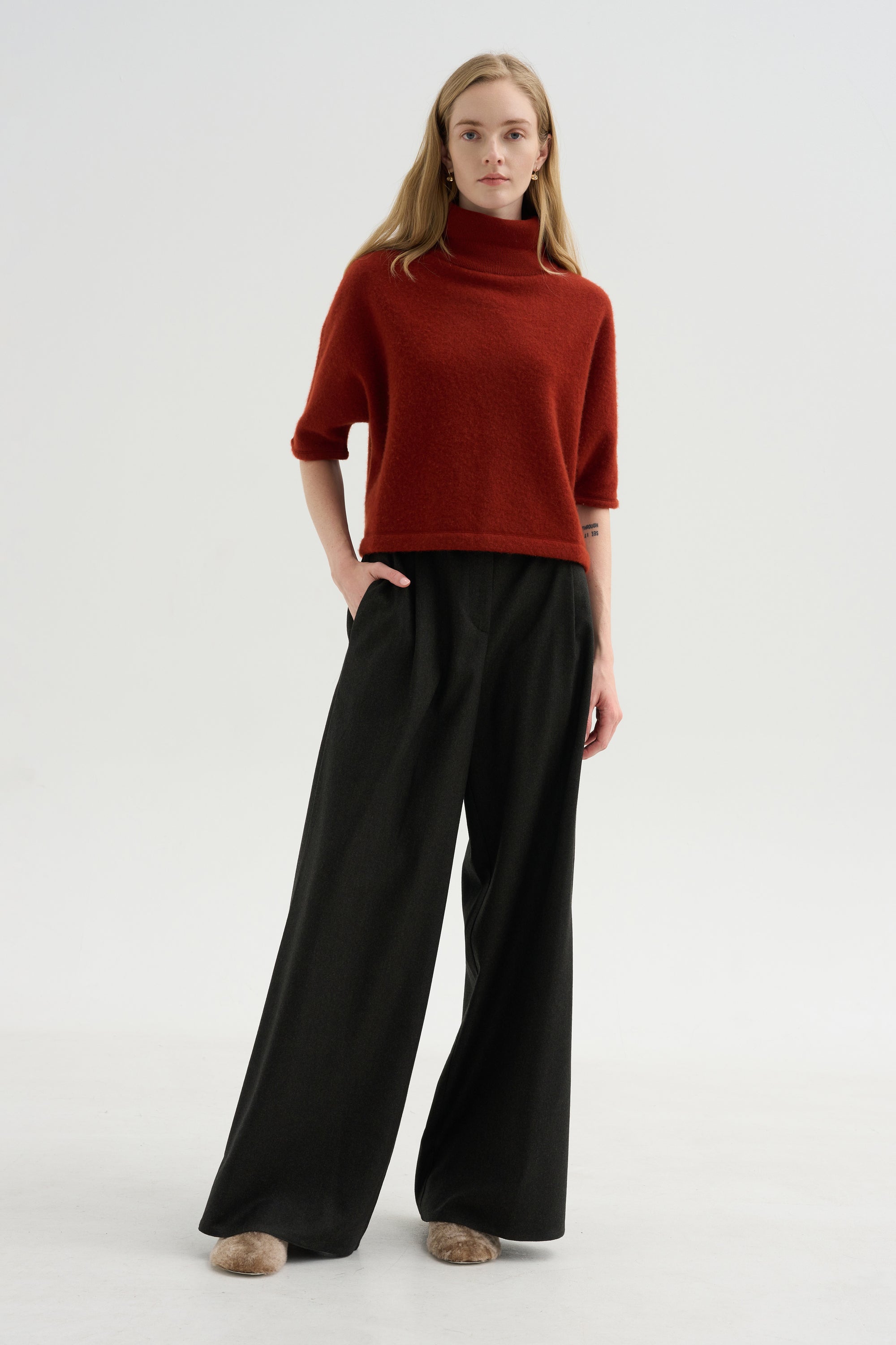 High Neck Short Sleeve Knit Top, Saffron
