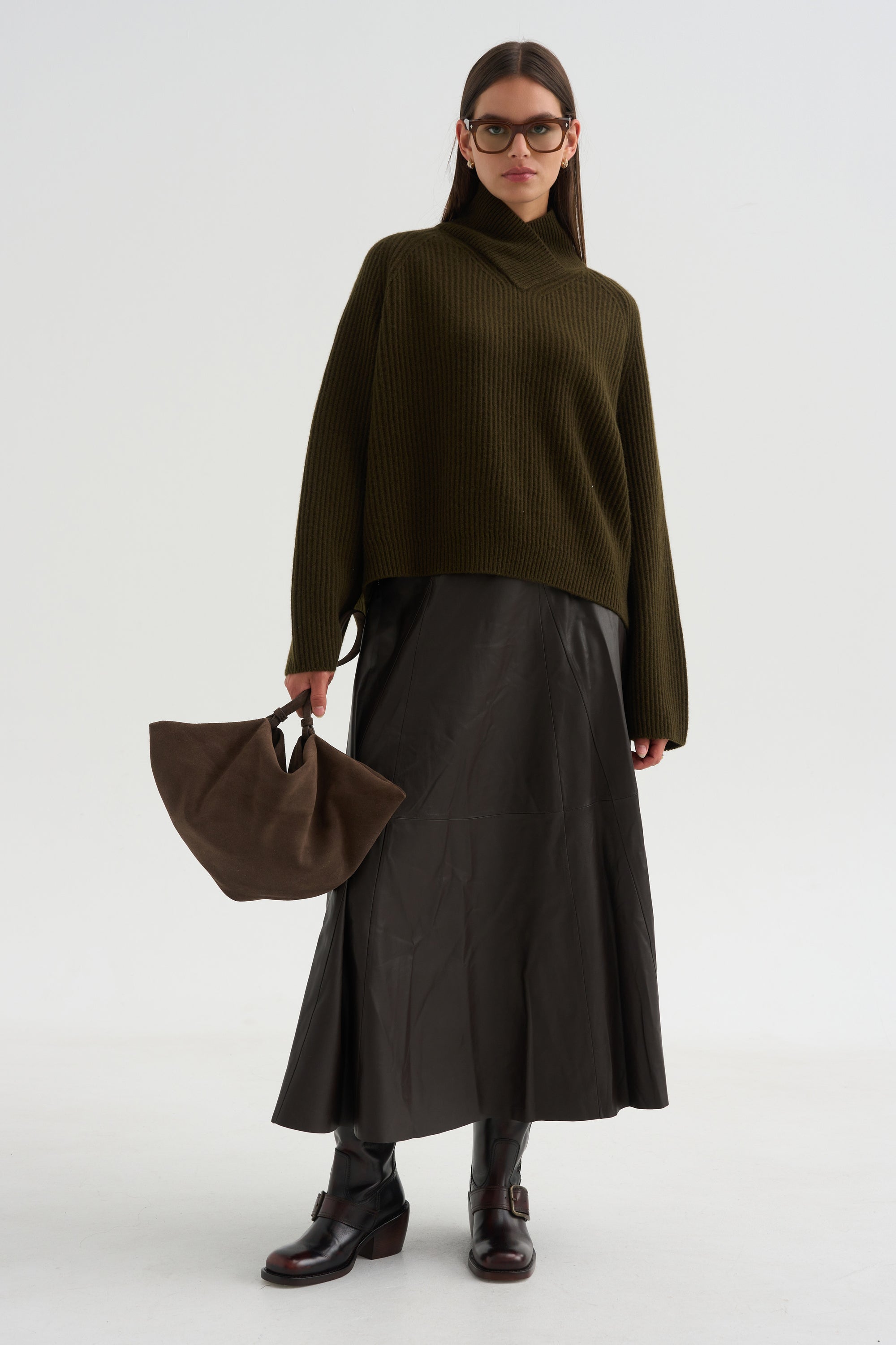 High Crossed Neck Sweater, Moss