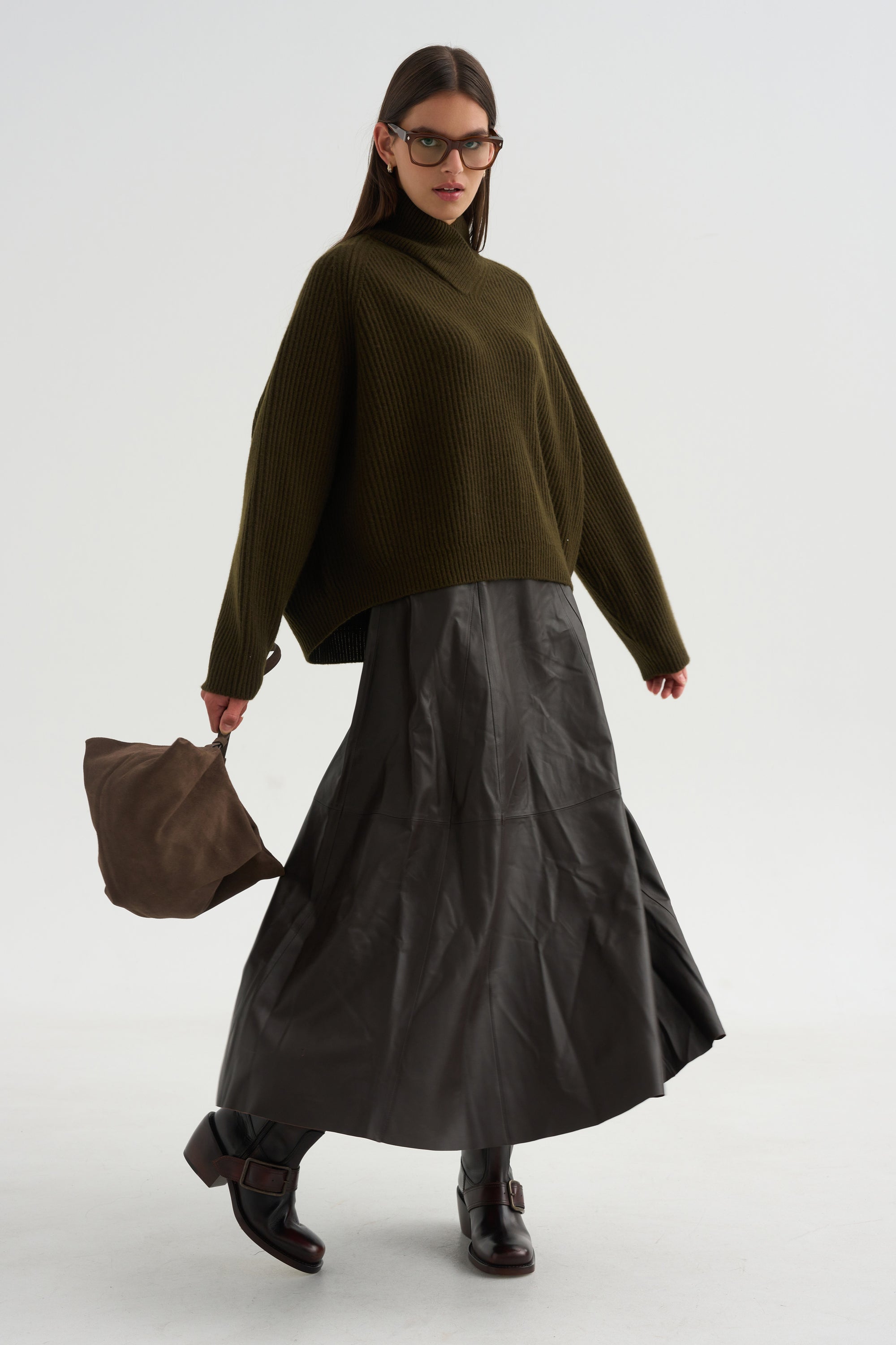 High Crossed Neck Sweater, Moss