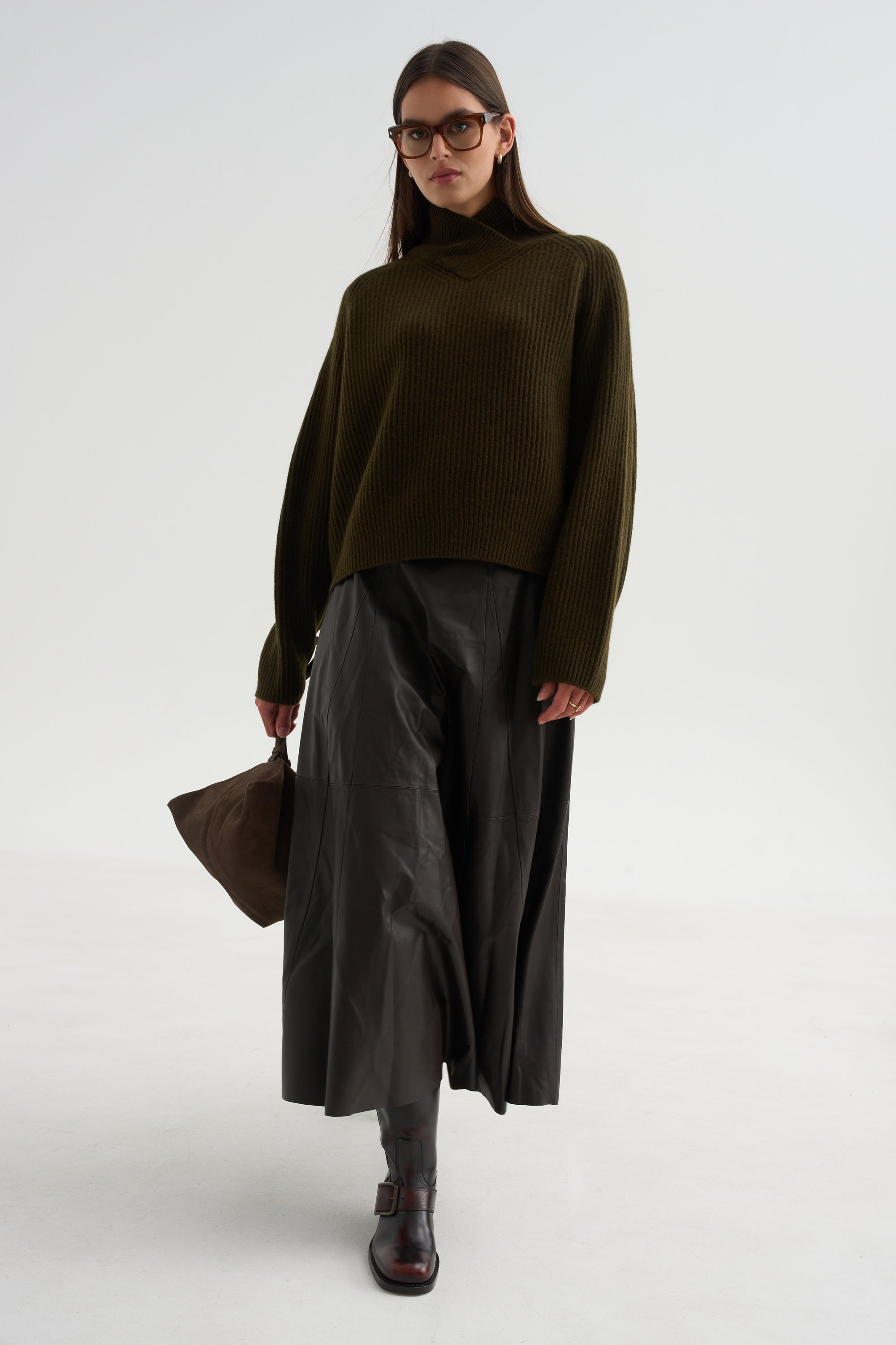 High Crossed Neck Sweater, Moss