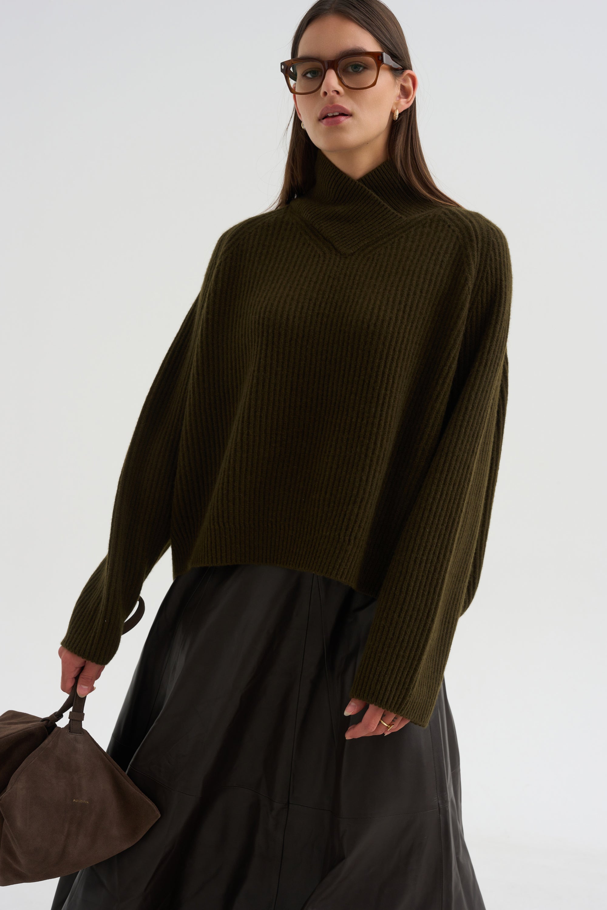 High Crossed Neck Sweater, Moss