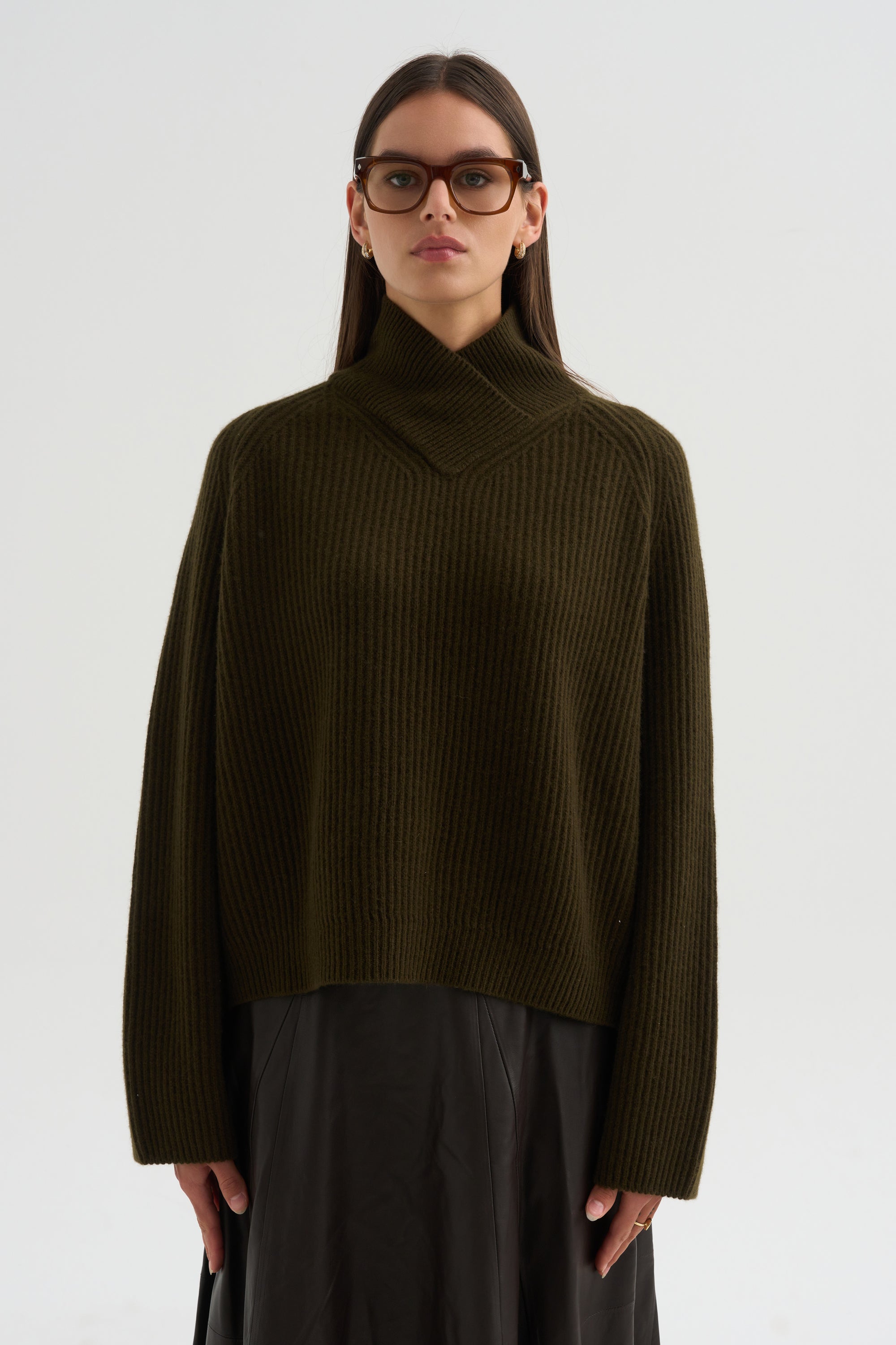 High Crossed Neck Sweater, Moss