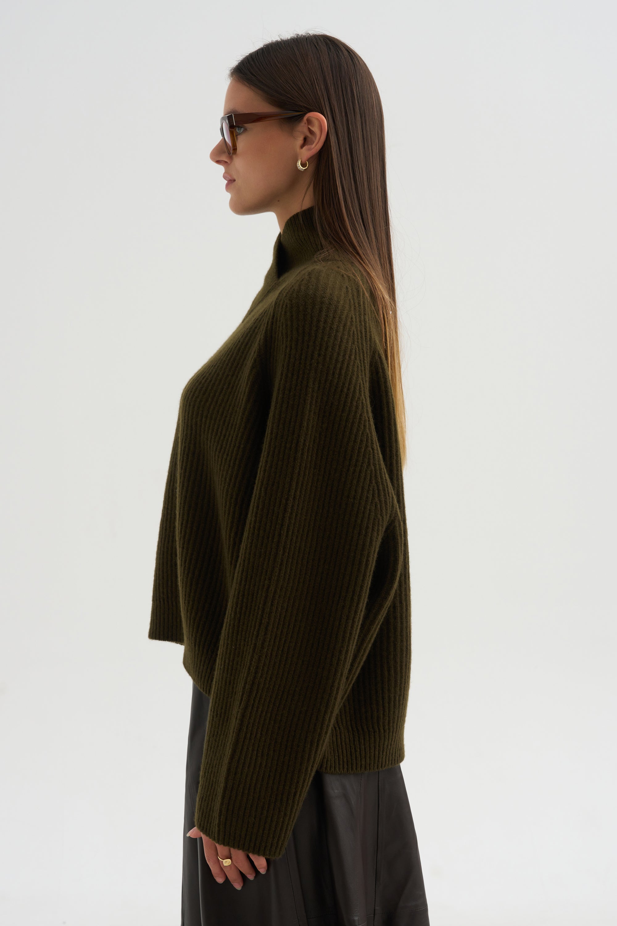 High Crossed Neck Sweater, Moss