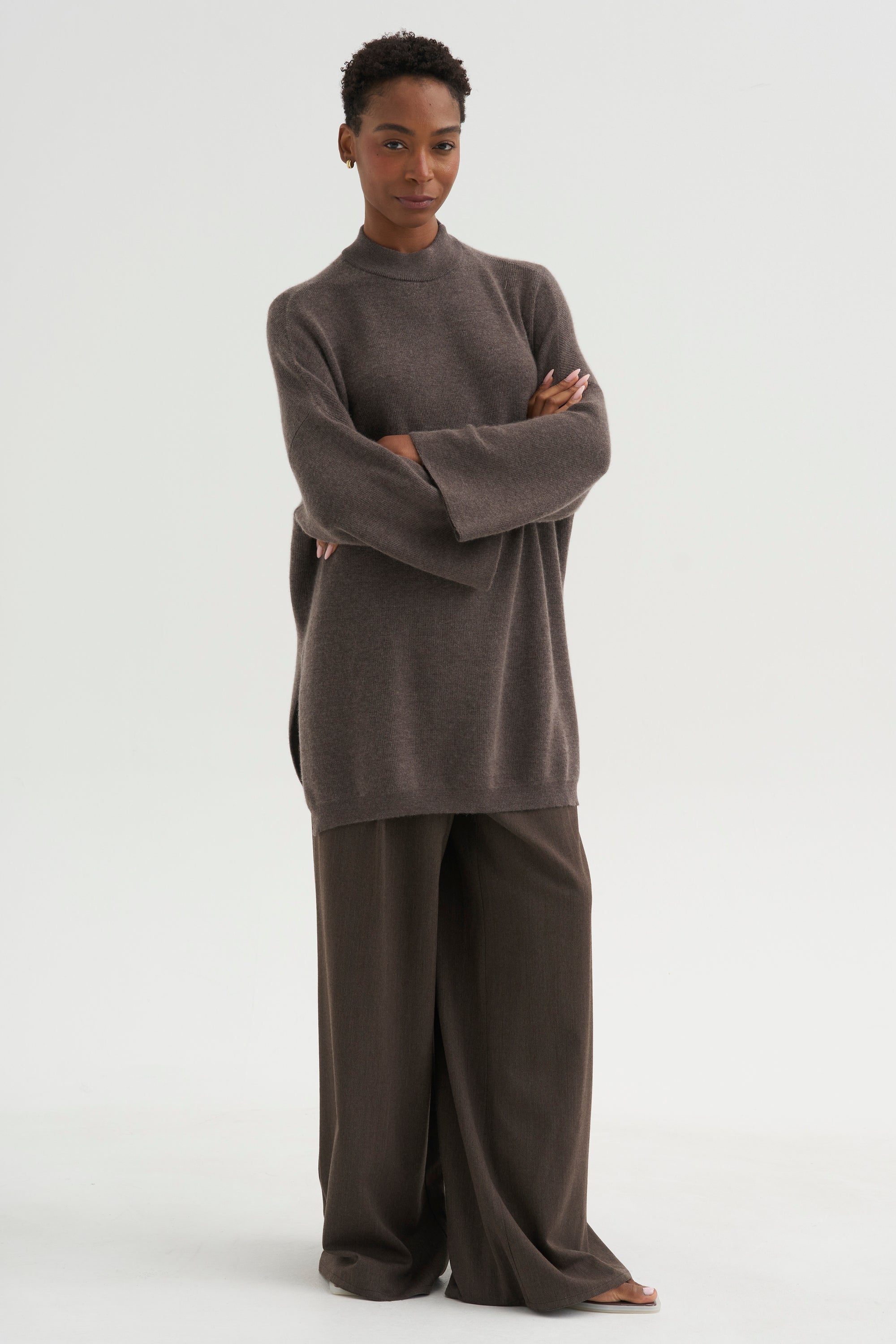 Boxy Crewneck Sweater, Dark Taupe