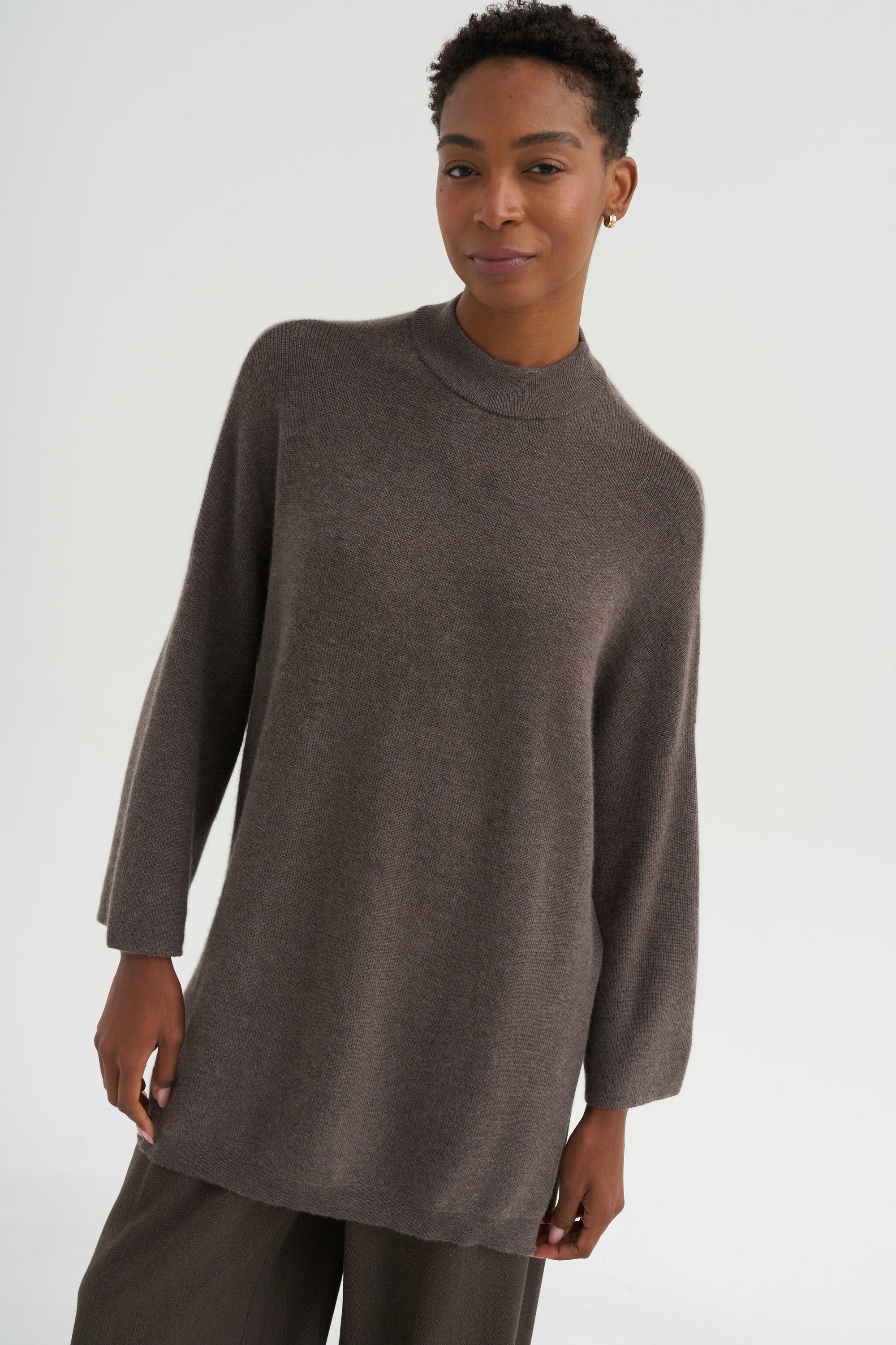 Boxy Crewneck Sweater, Dark Taupe