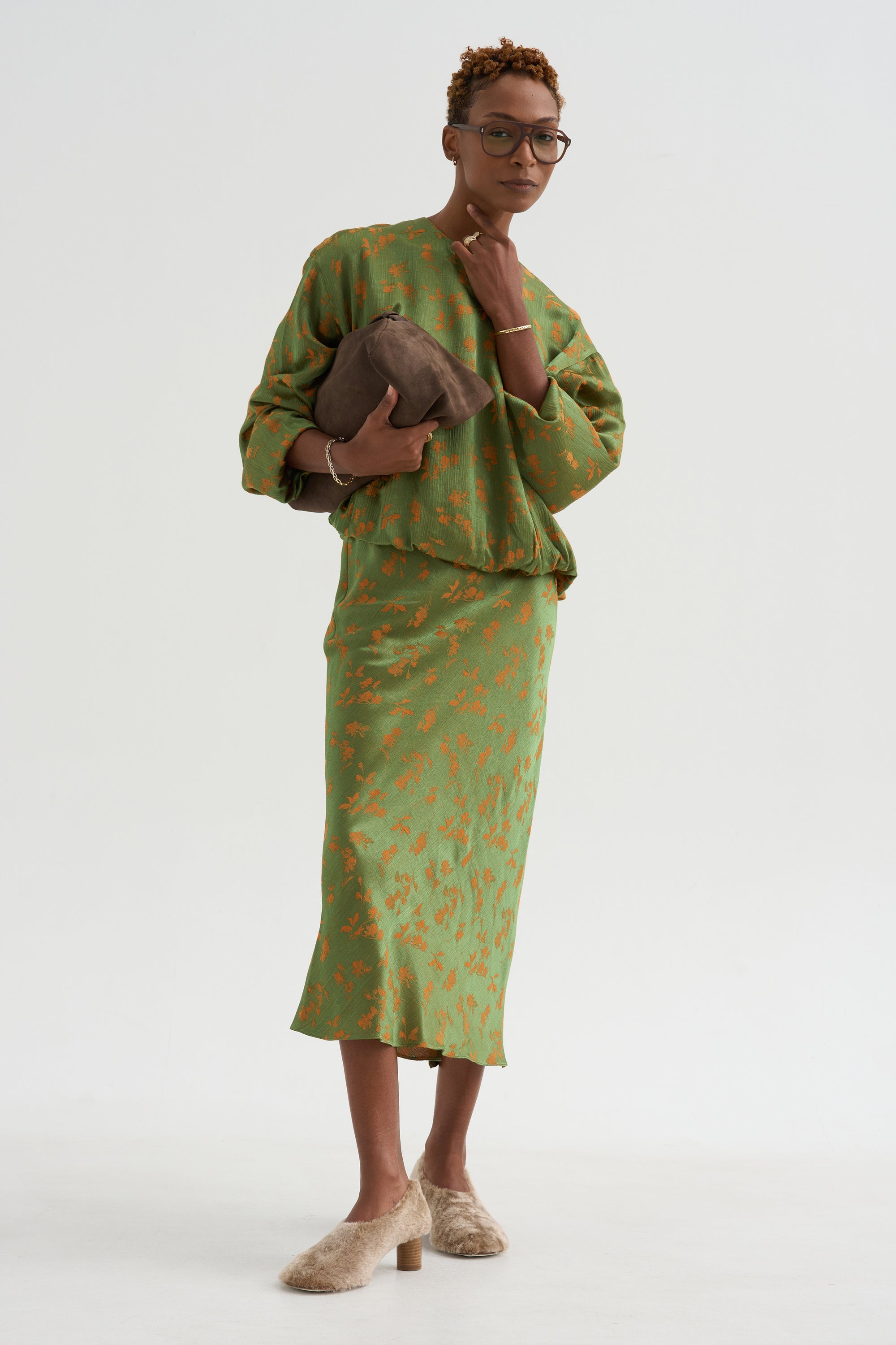 Floral Jacquard Skirt, Light Green