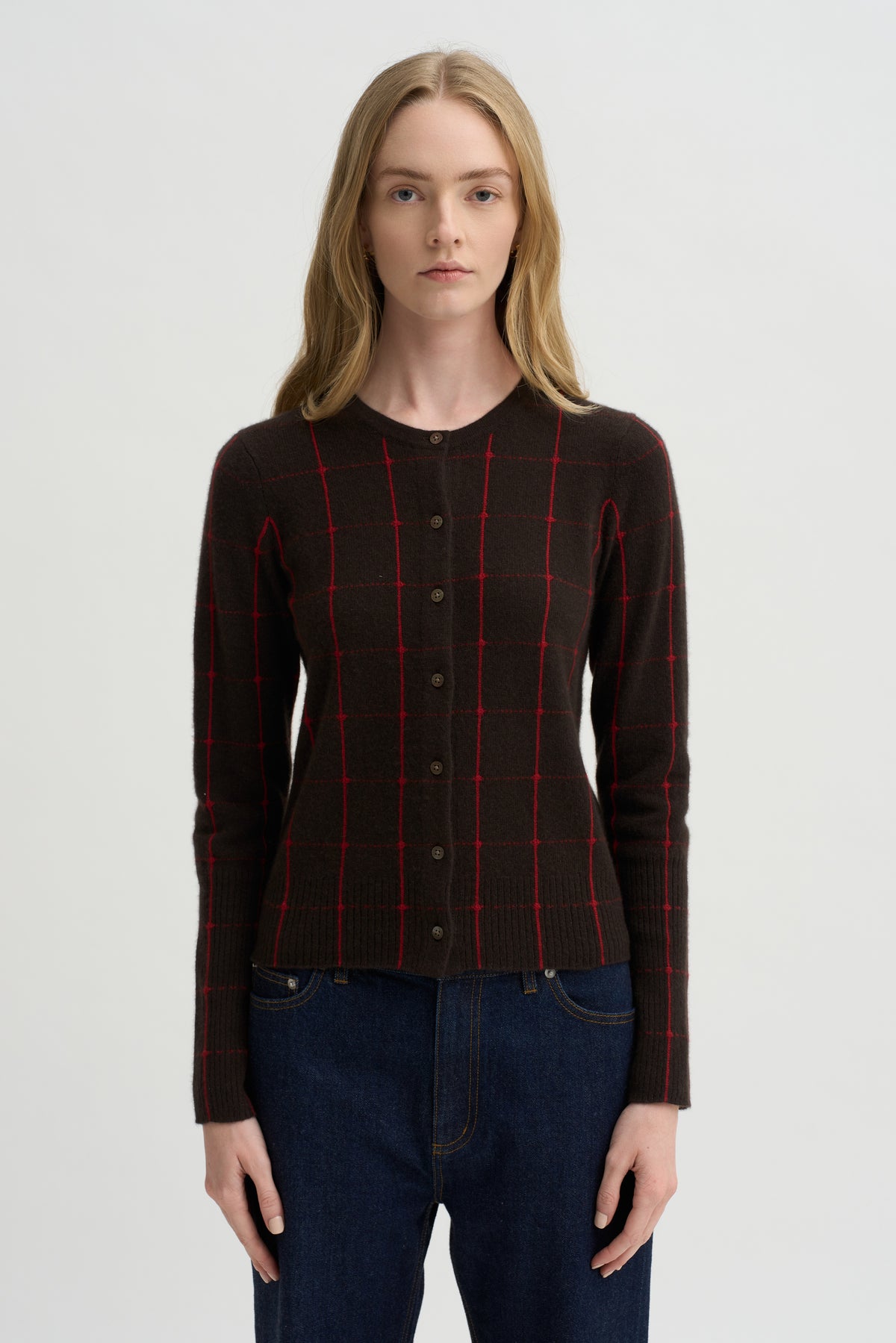 Jane Checker Cardigan, Burnt Cocoa &amp; Carmine