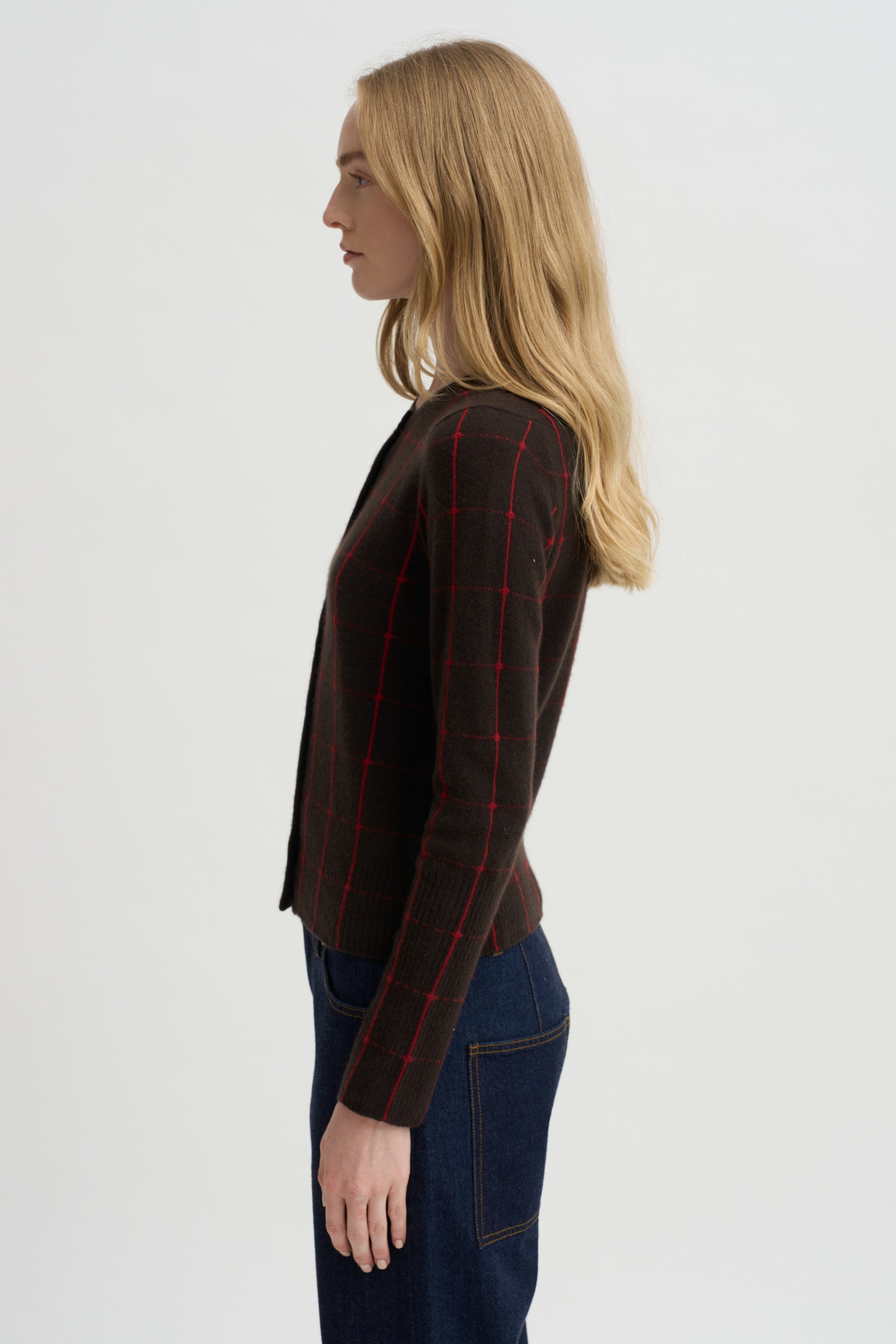 Jane Checker Cardigan, Burnt Cocoa &amp; Carmine
