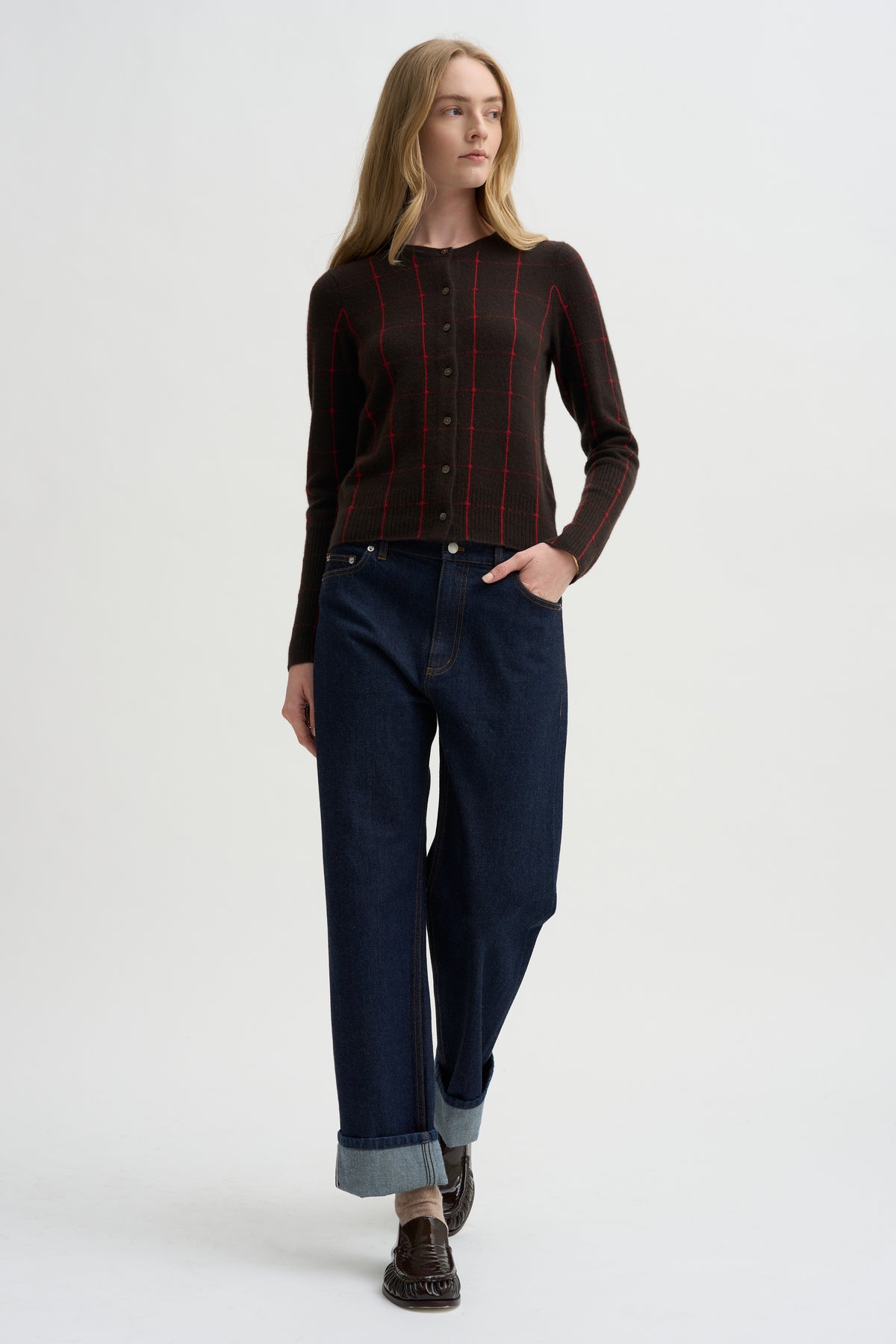 Jane Checker Cardigan, Burnt Cocoa &amp; Carmine