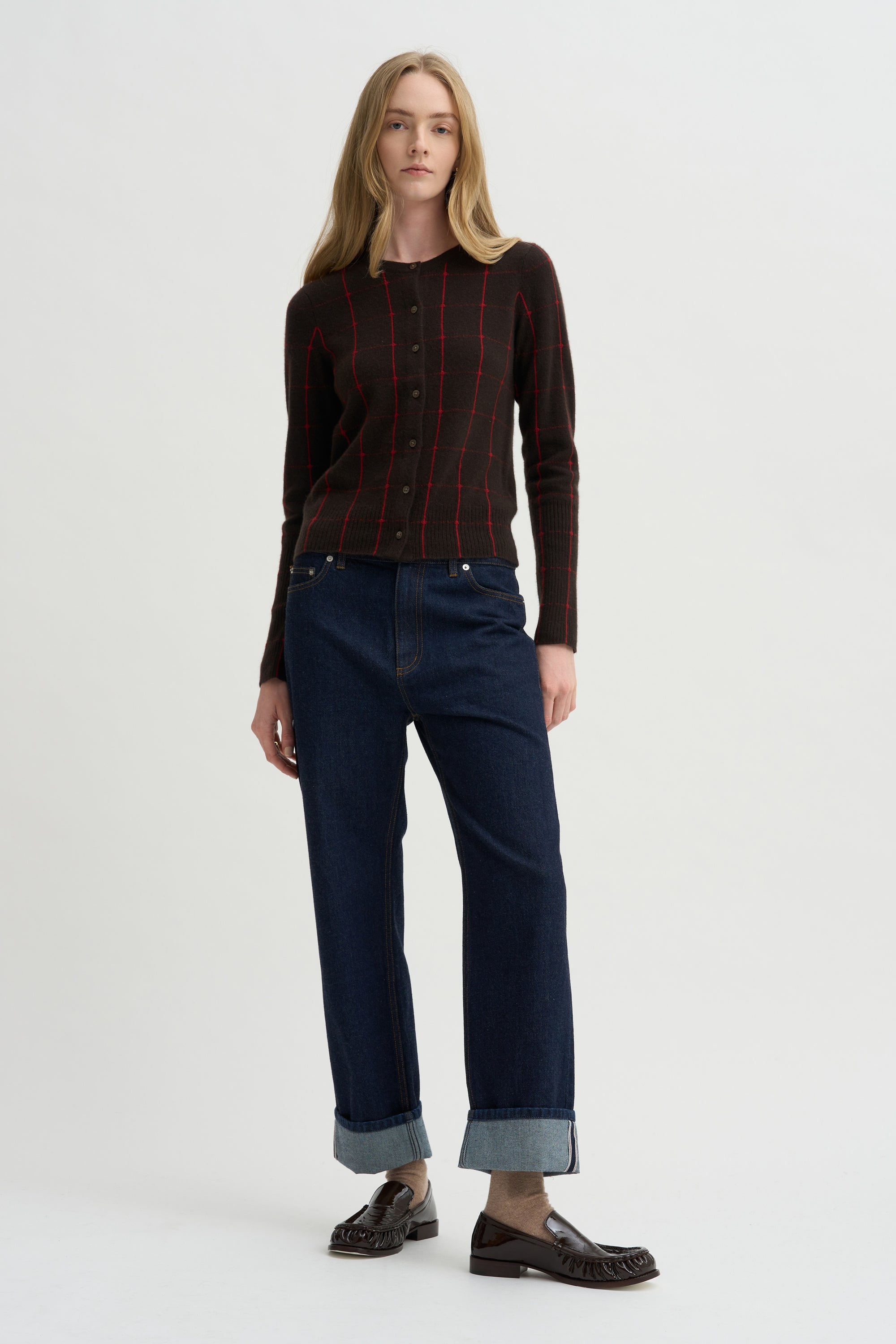 Jane Checker Cardigan, Burnt Cocoa &amp; Carmine
