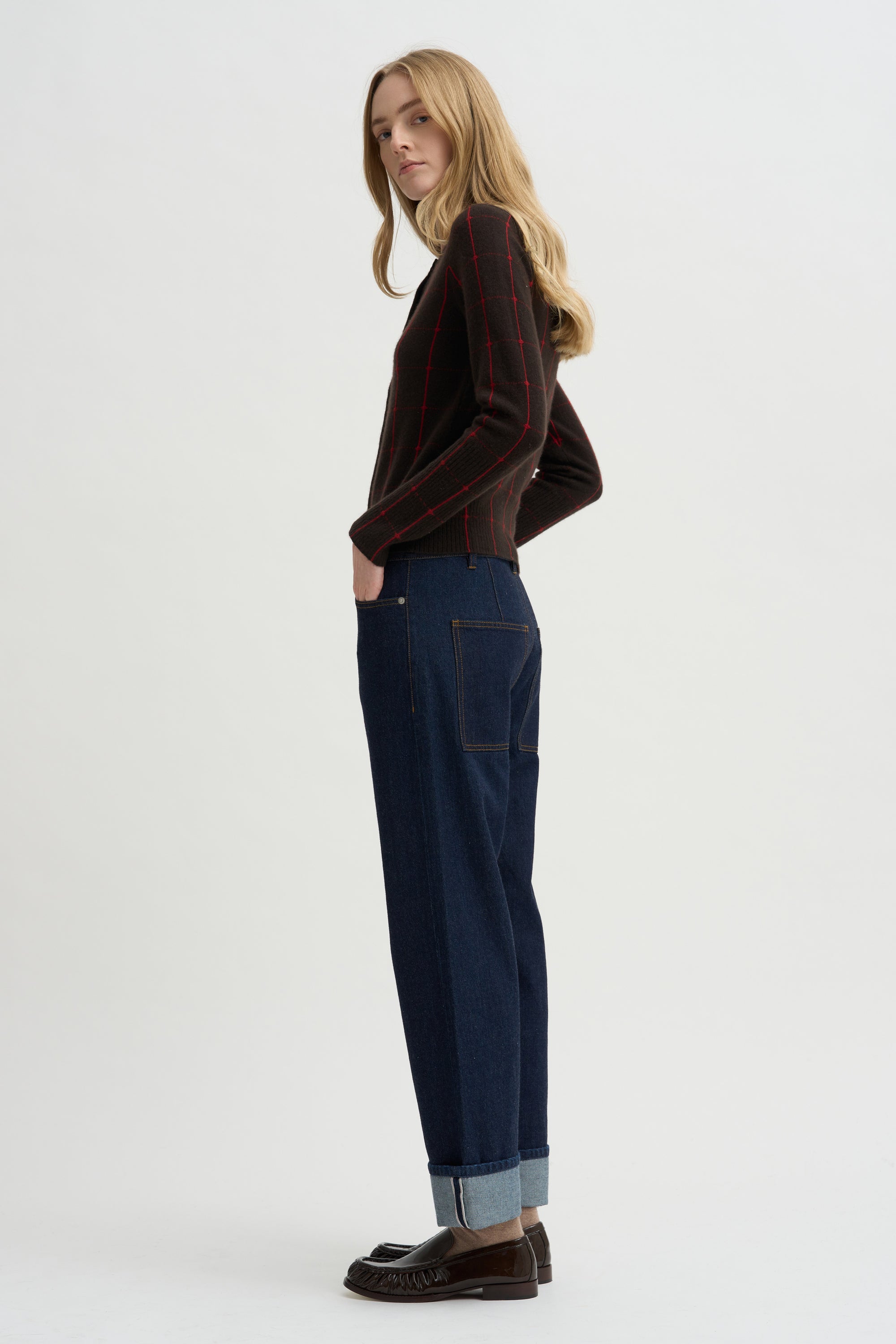 Jane Checker Cardigan, Burnt Cocoa &amp; Carmine