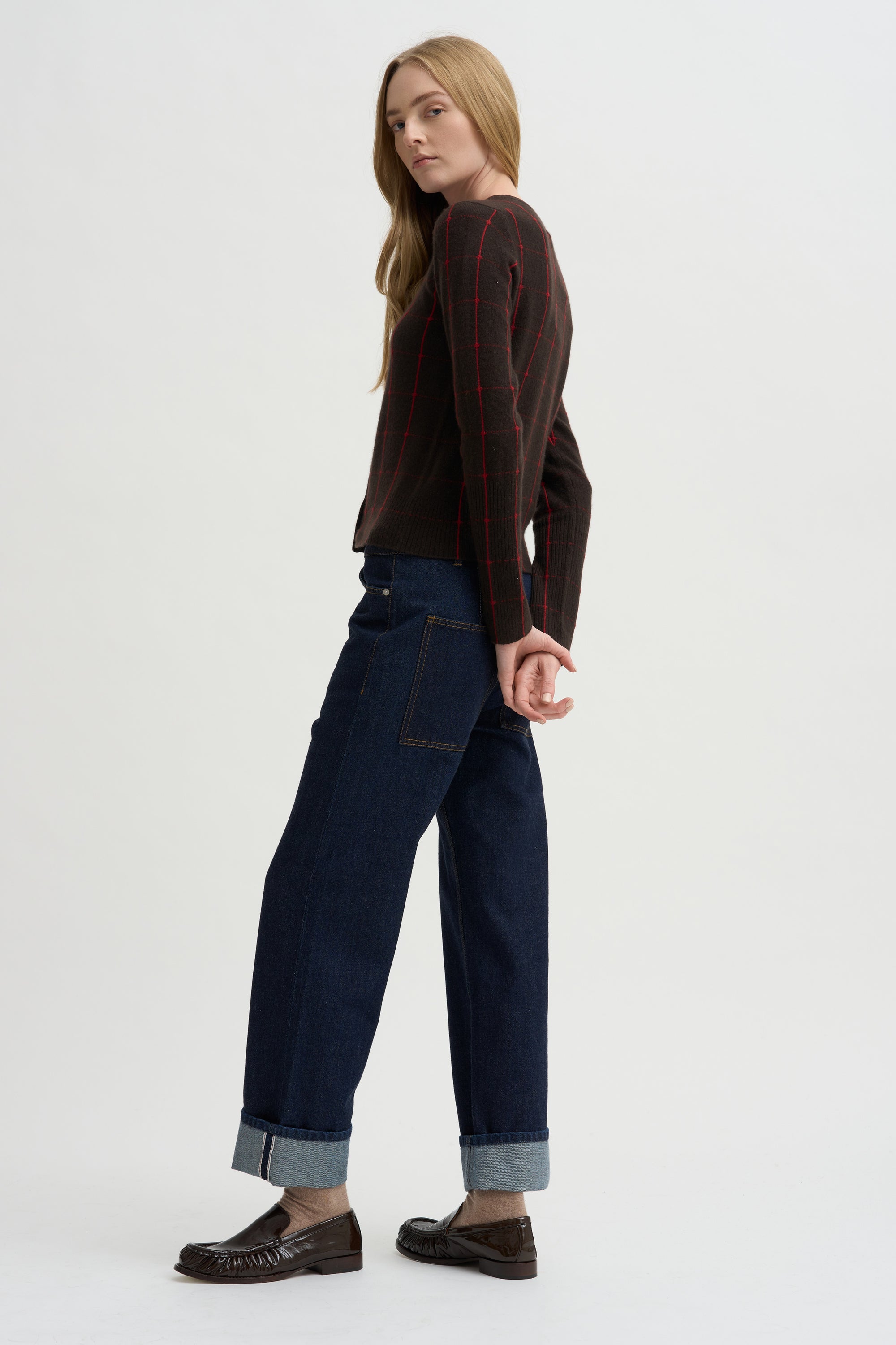 Jane Checker Cardigan, Burnt Cocoa &amp; Carmine