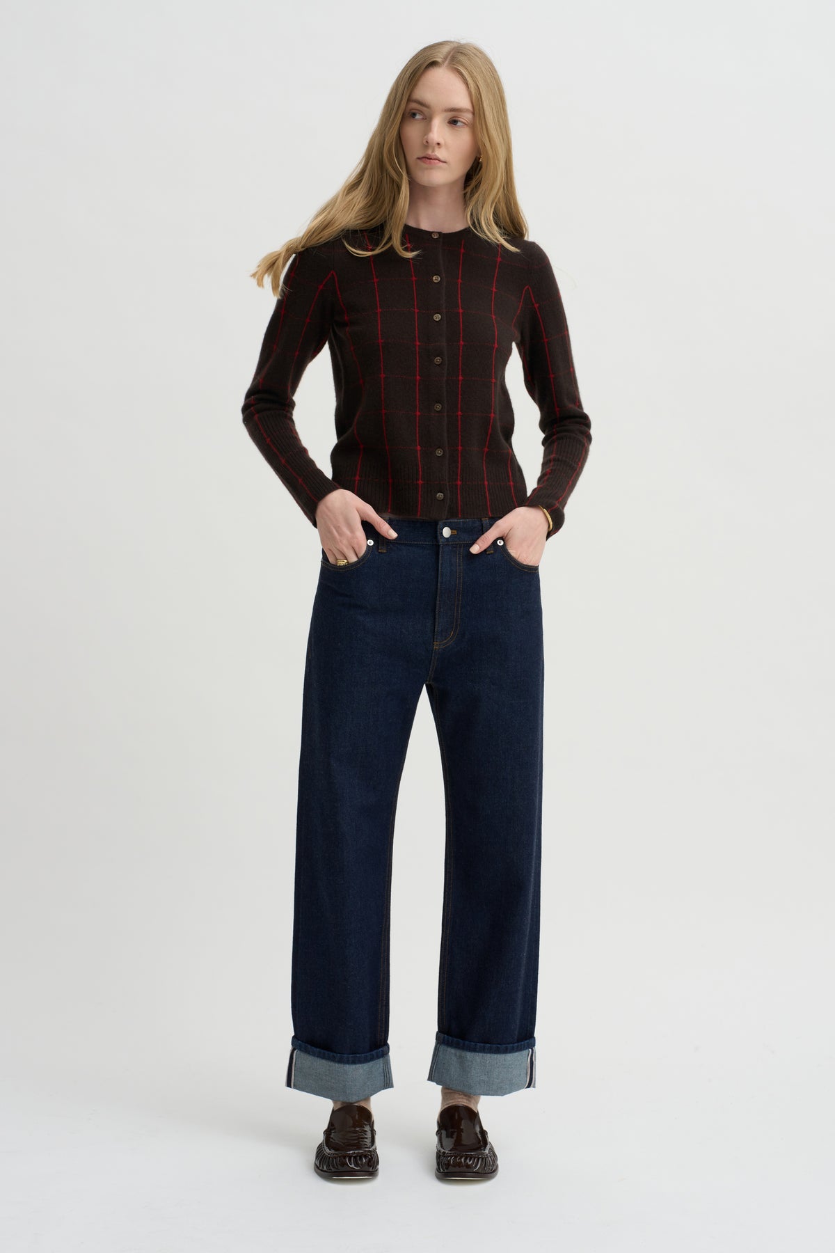Jane Checker Cardigan, Burnt Cocoa &amp; Carmine