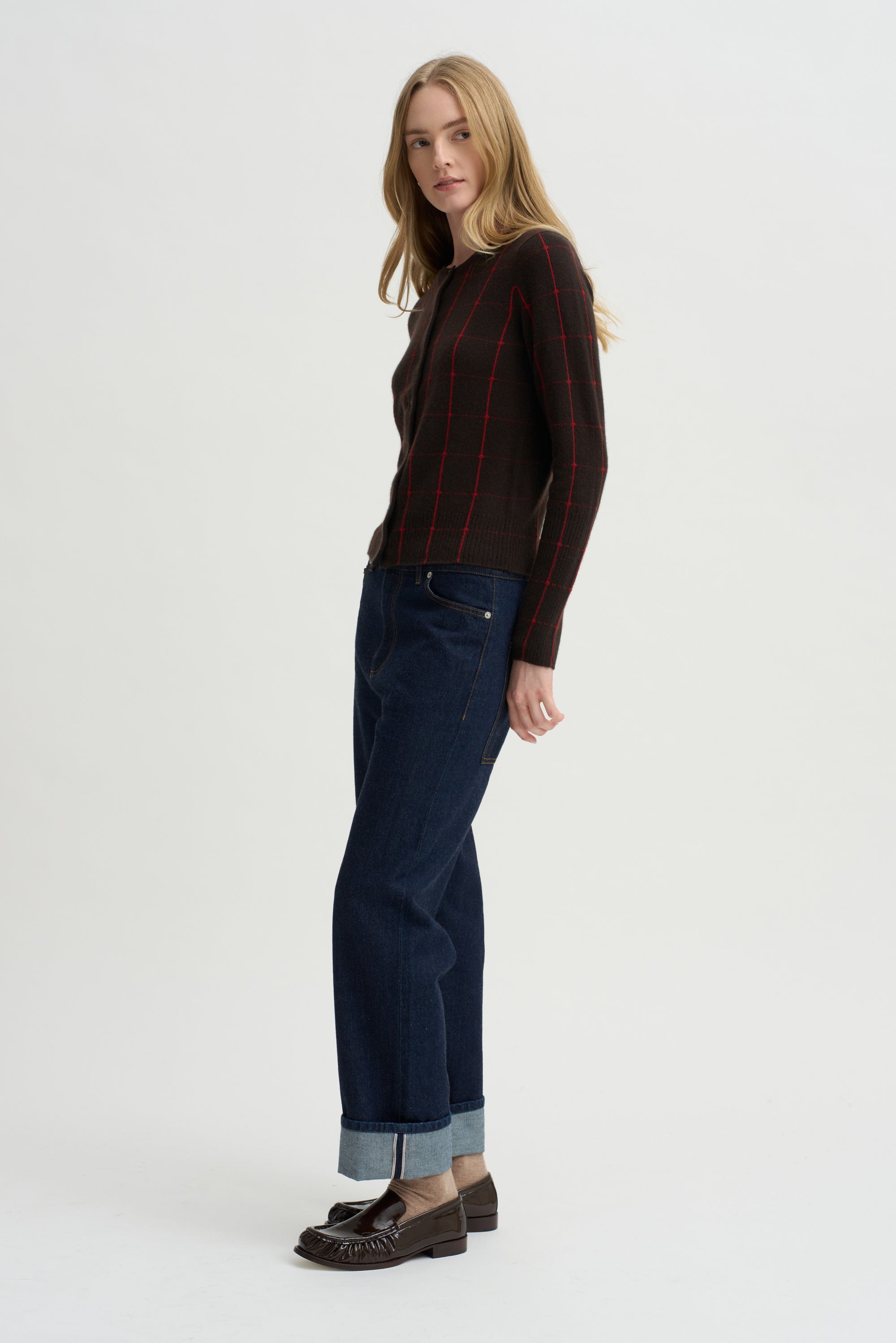 Jane Checker Cardigan, Burnt Cocoa &amp; Carmine