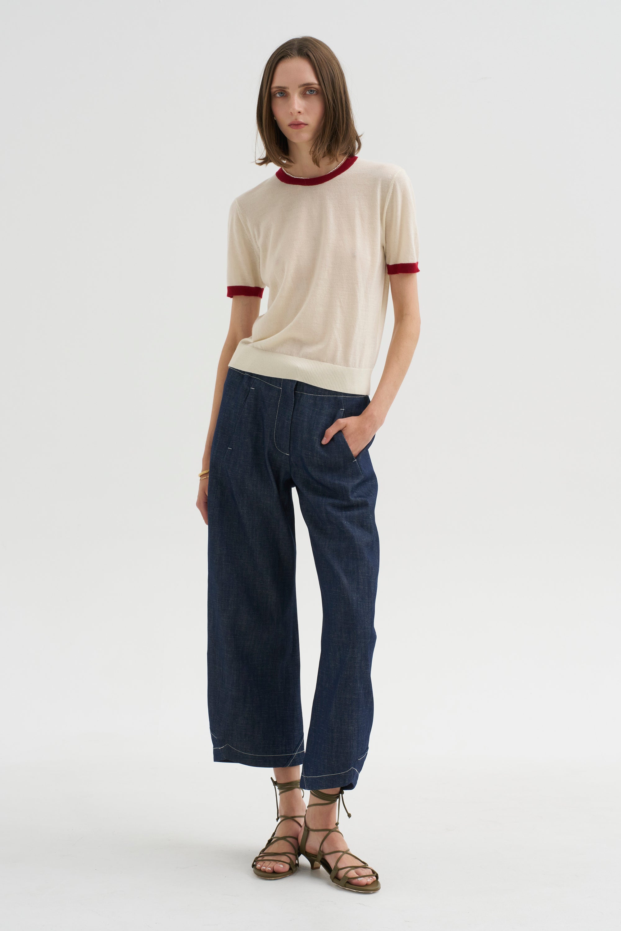 Airy Ringer Tee, Cream &amp; Carmine