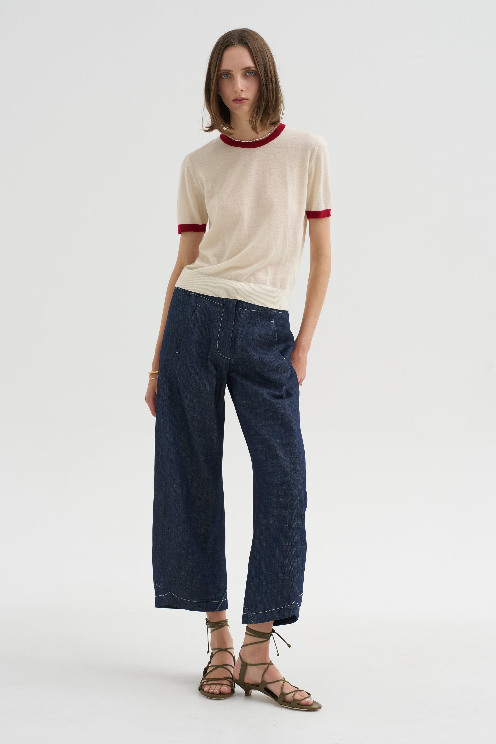 Airy Ringer Tee, Cream &amp; Carmine