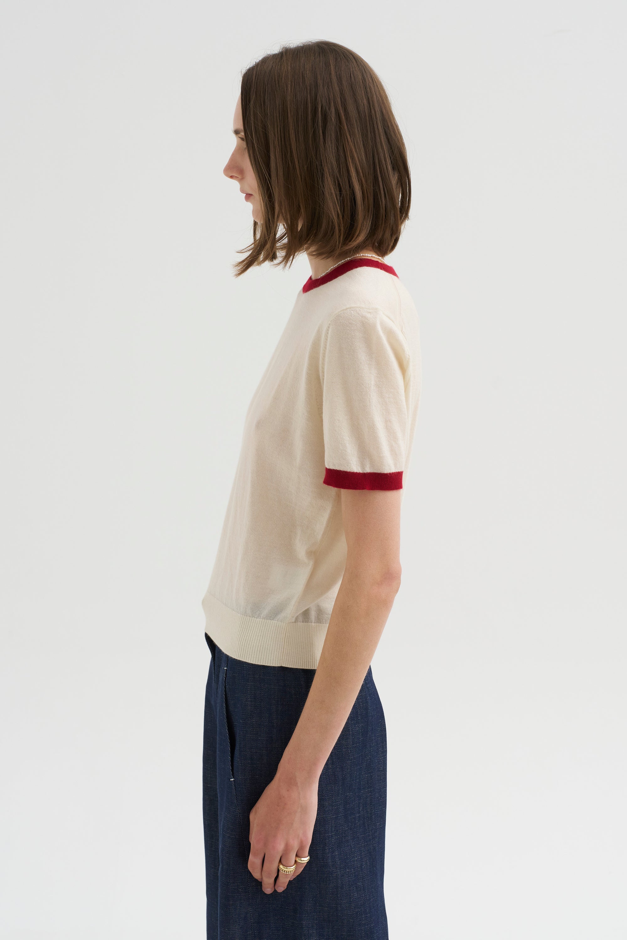 Airy Ringer Tee, Cream &amp; Carmine