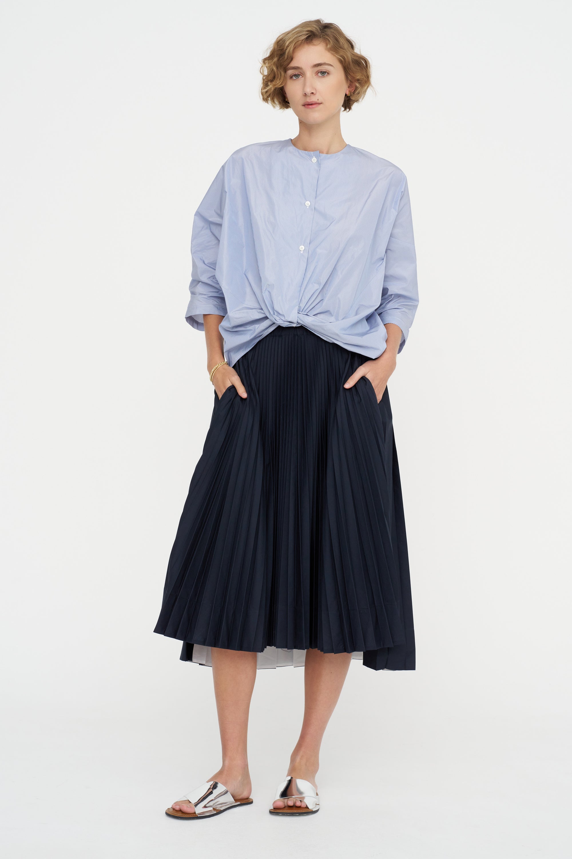 Knot Blouse, White &amp; Navy