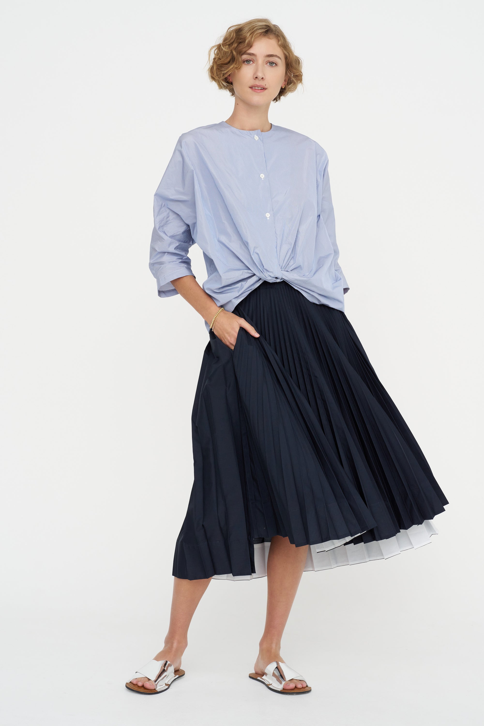 Knot Blouse, White &amp; Navy