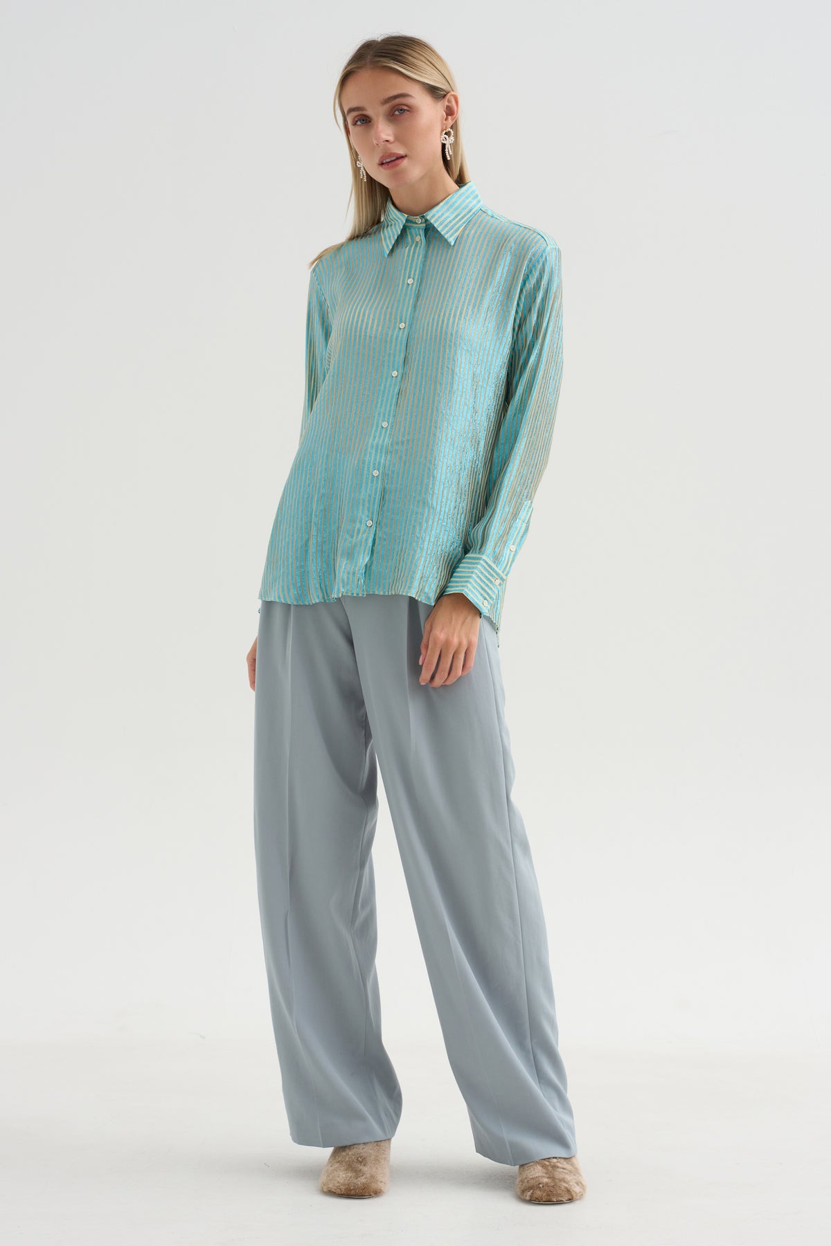 Joseph - Striped Lurex Shirt, Blue Stripe