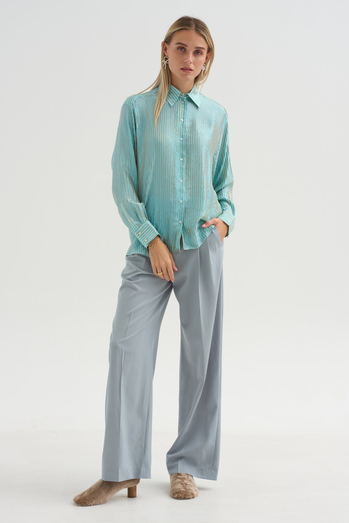 Joseph - Striped Lurex Shirt, Blue Stripe