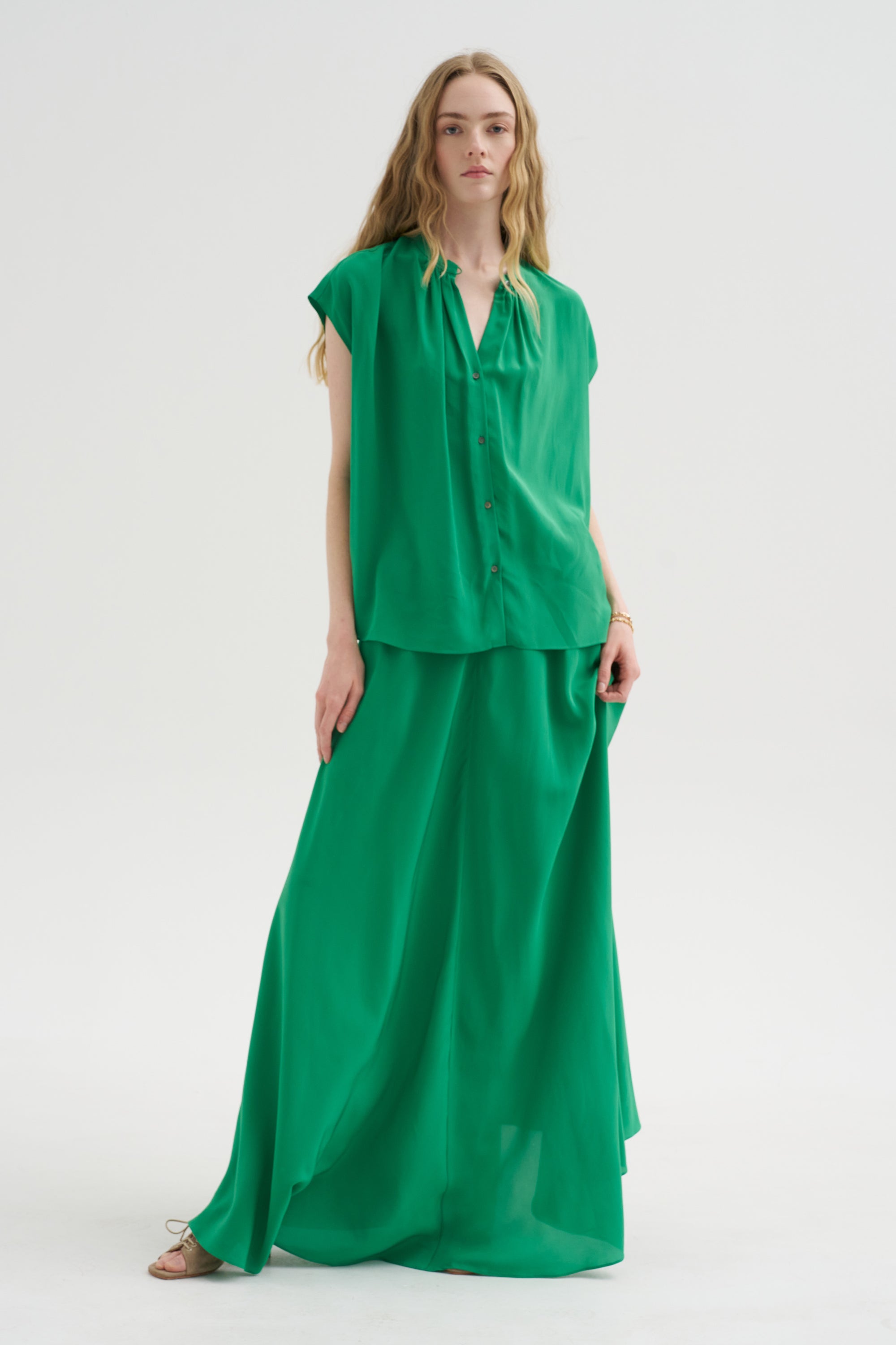 Ludlow - Long silk Crepe Skirt, Green