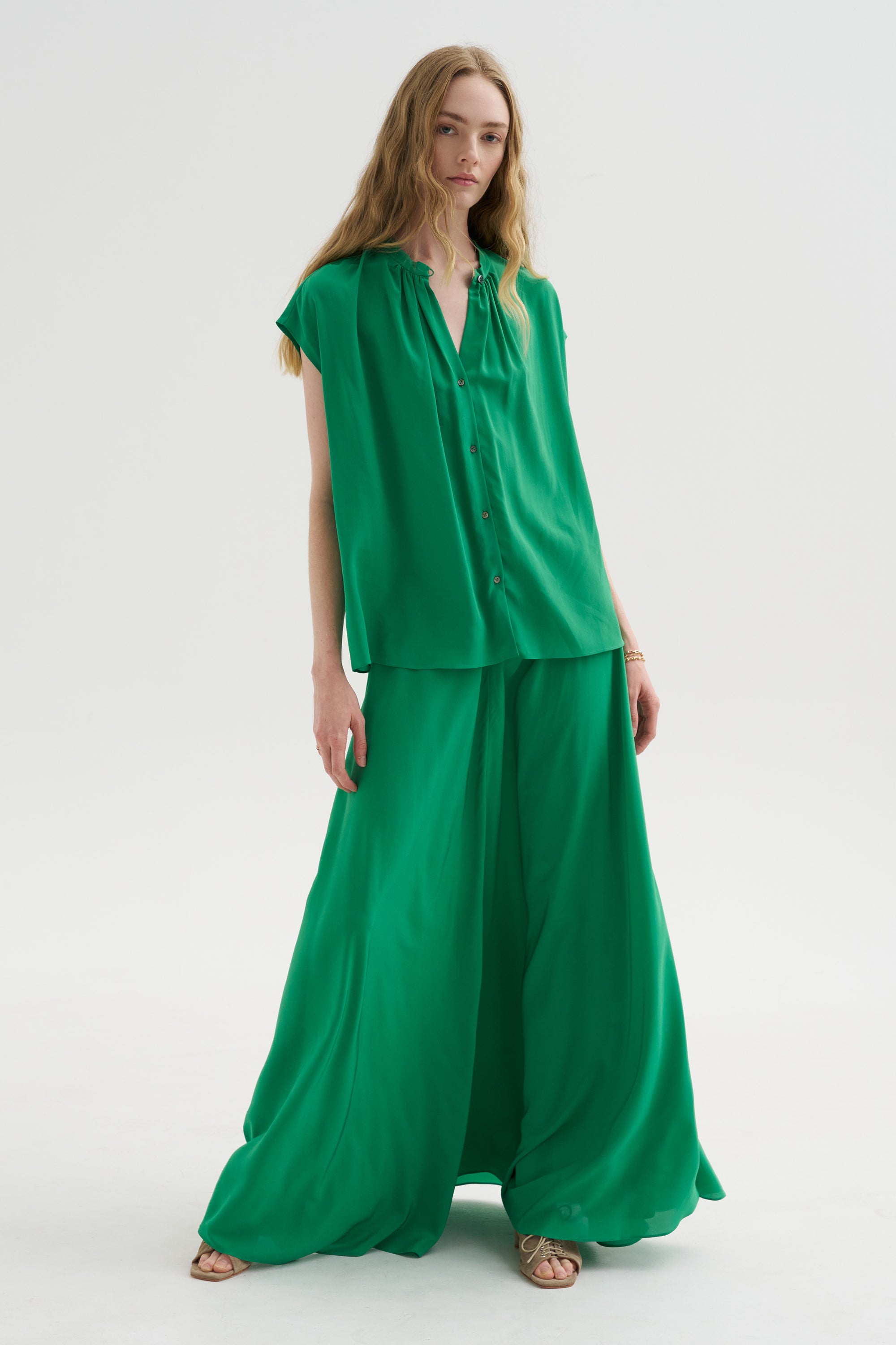 Ludlow - Long silk Crepe Skirt, Green
