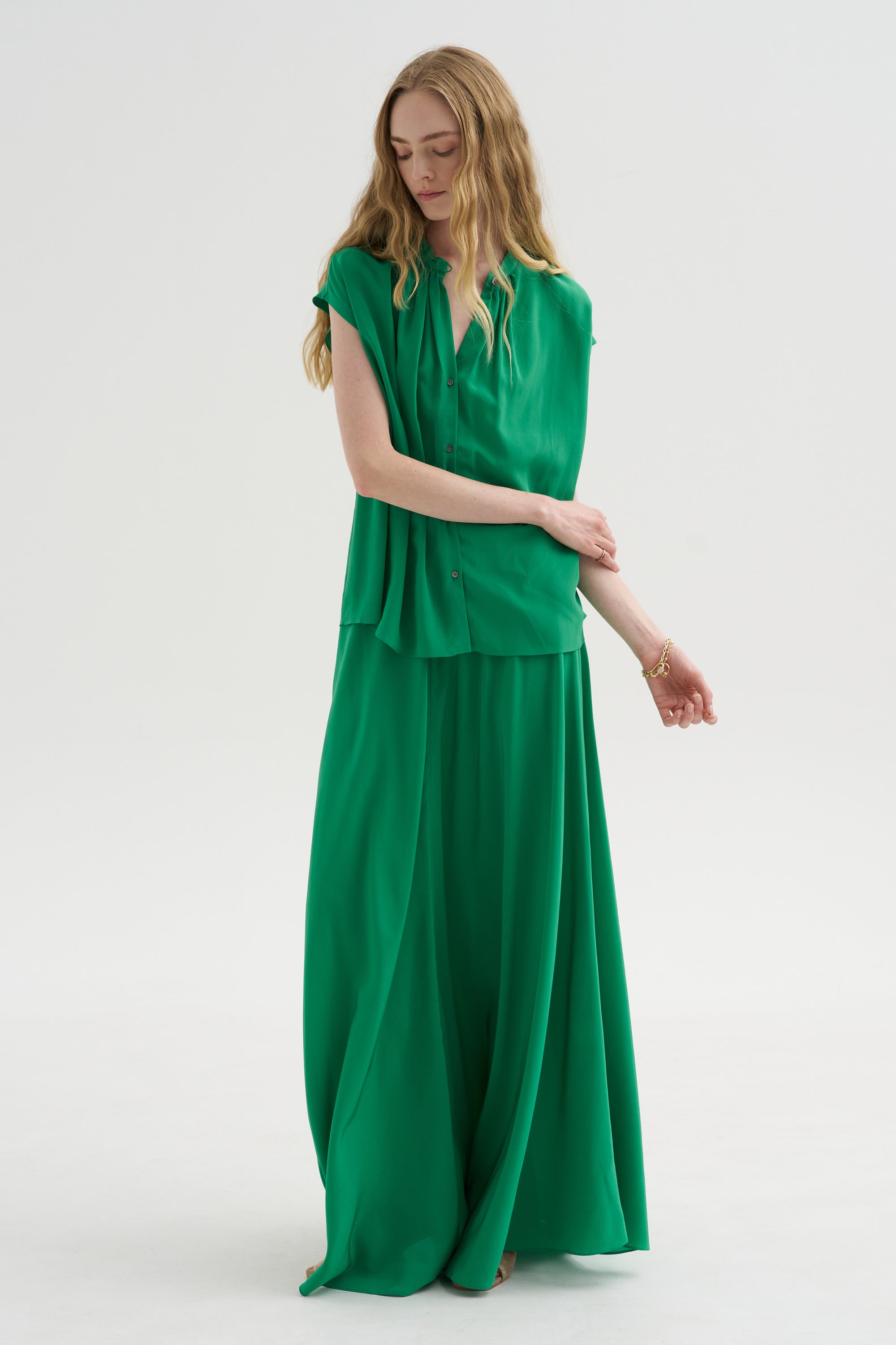 Ludlow - Long silk Crepe Skirt, Green