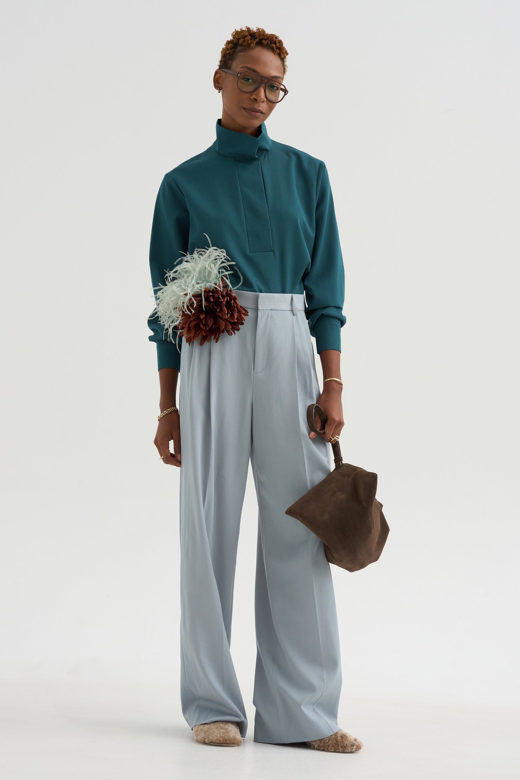 Damien - Pleated Pants In Wool Gabardine, Ice Blue