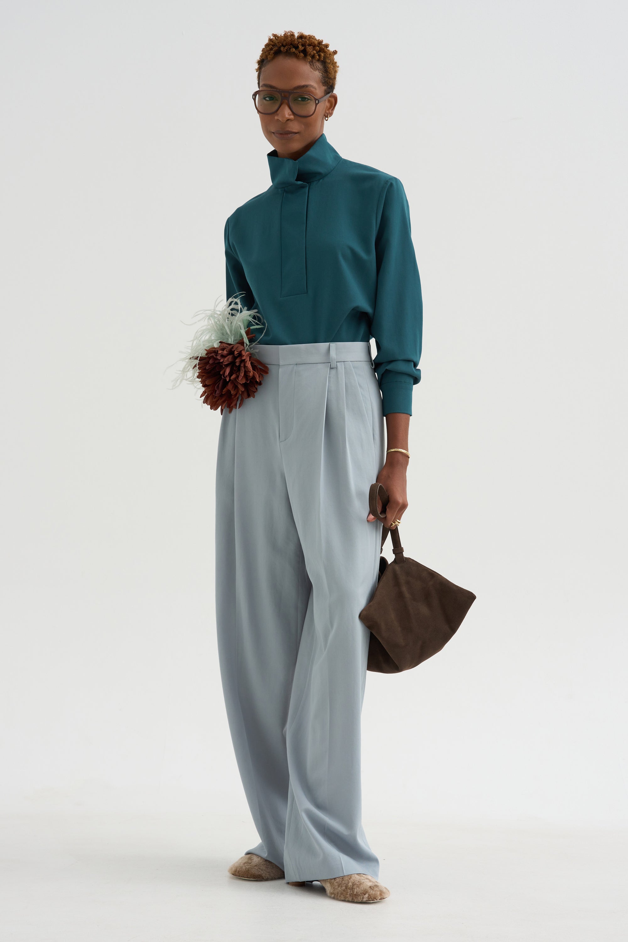 Damien - Pleated Pants In Wool Gabardine, Ice Blue