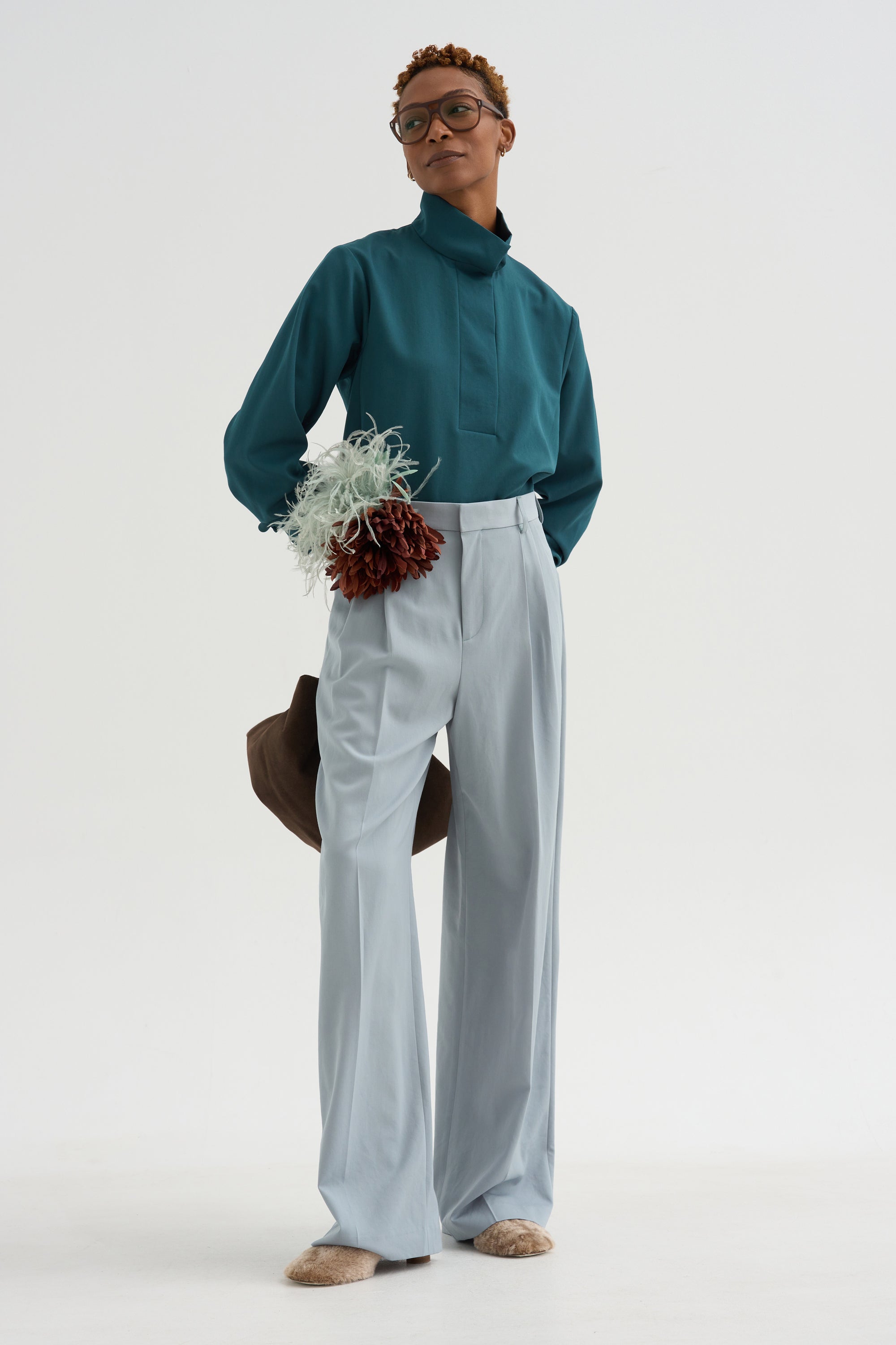 Damien - Pleated Pants In Wool Gabardine, Ice Blue