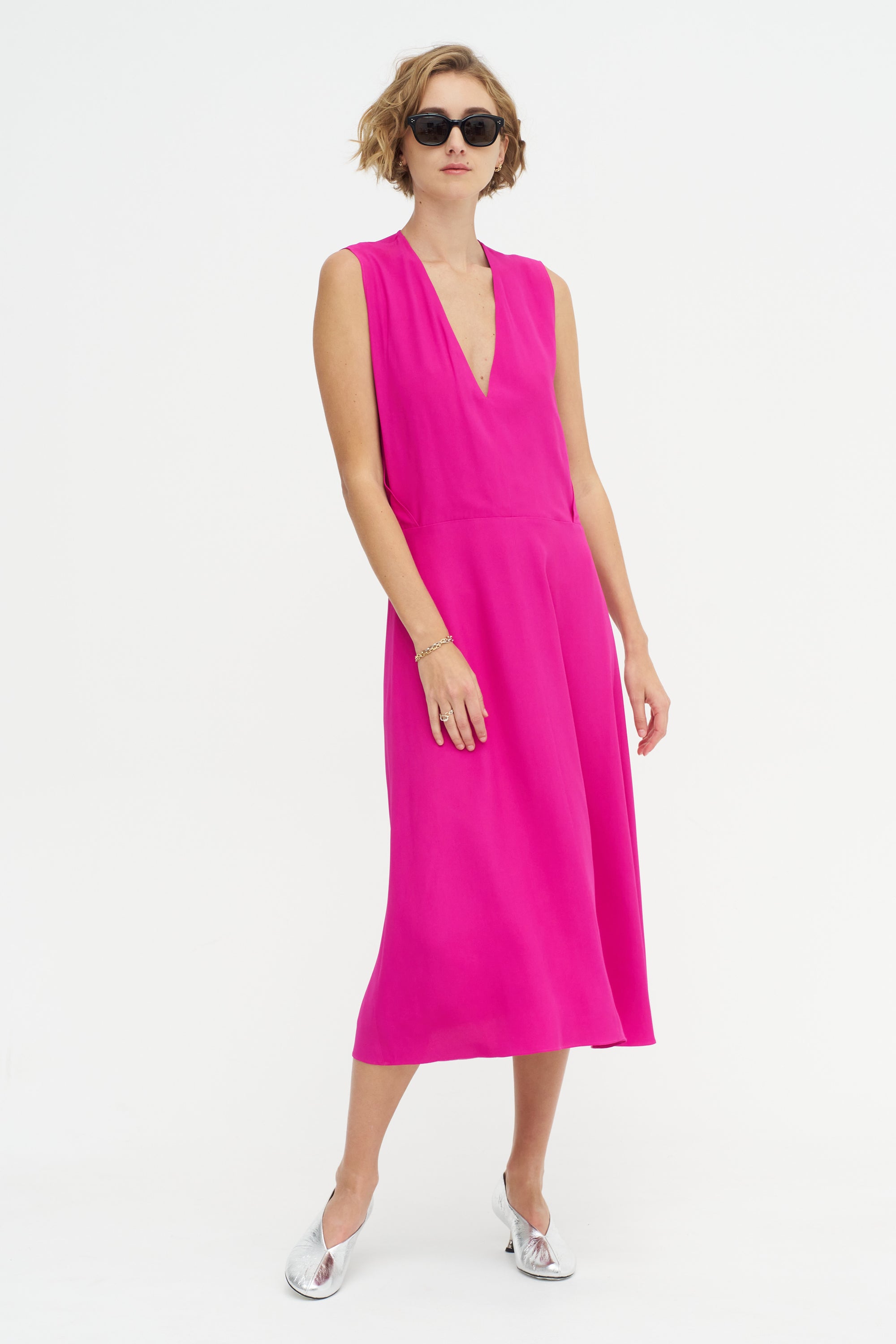 Salisbury - V-neck Viscose And Acetate Dress, Fuchsia