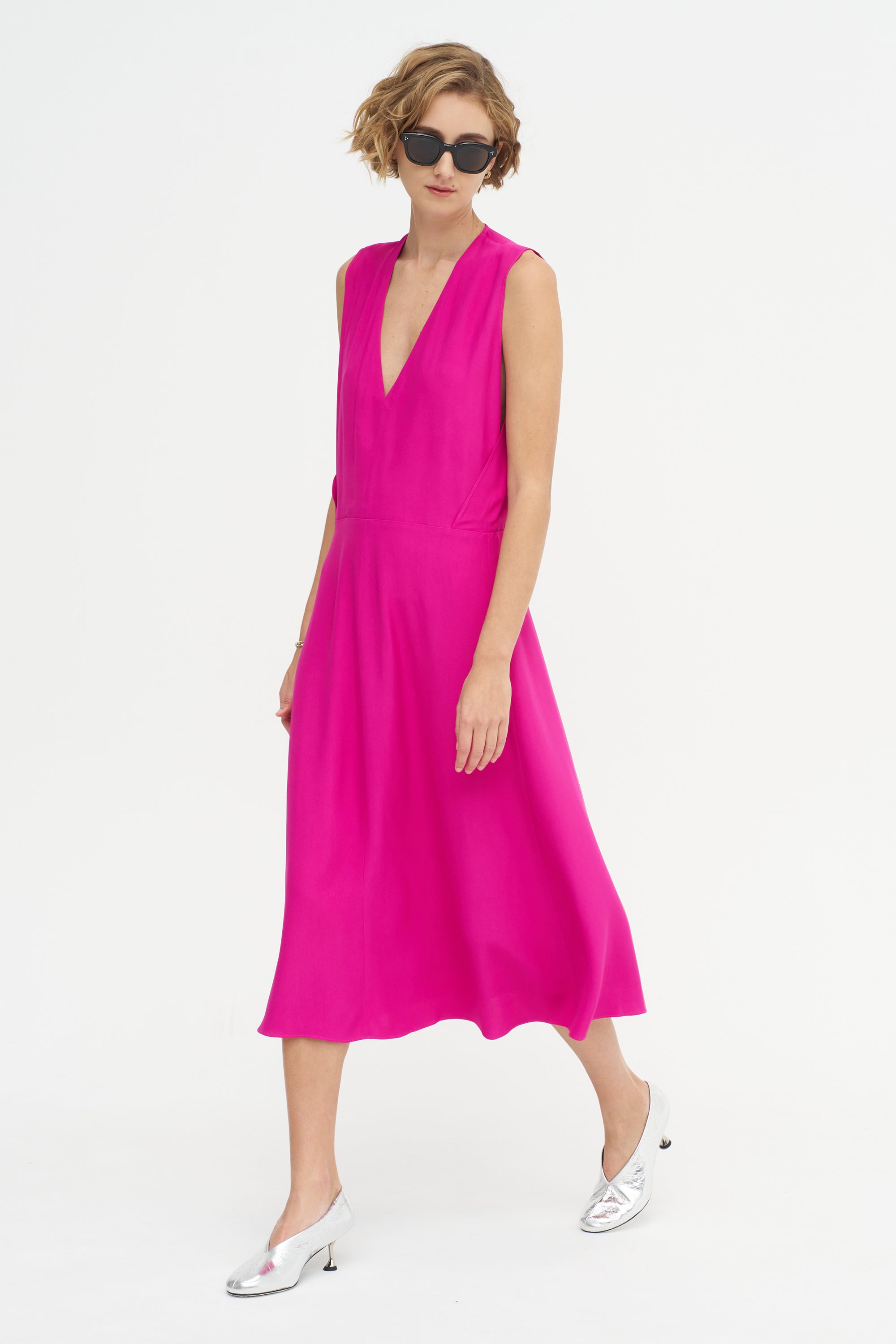 Salisbury - V-neck Viscose And Acetate Dress, Fuchsia