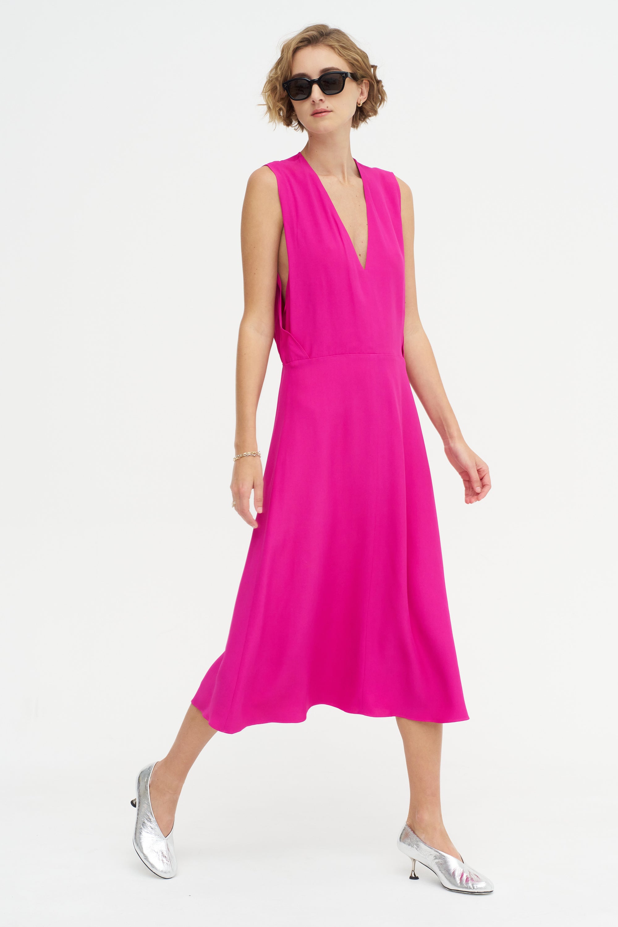 Salisbury - V-neck Viscose And Acetate Dress, Fuchsia