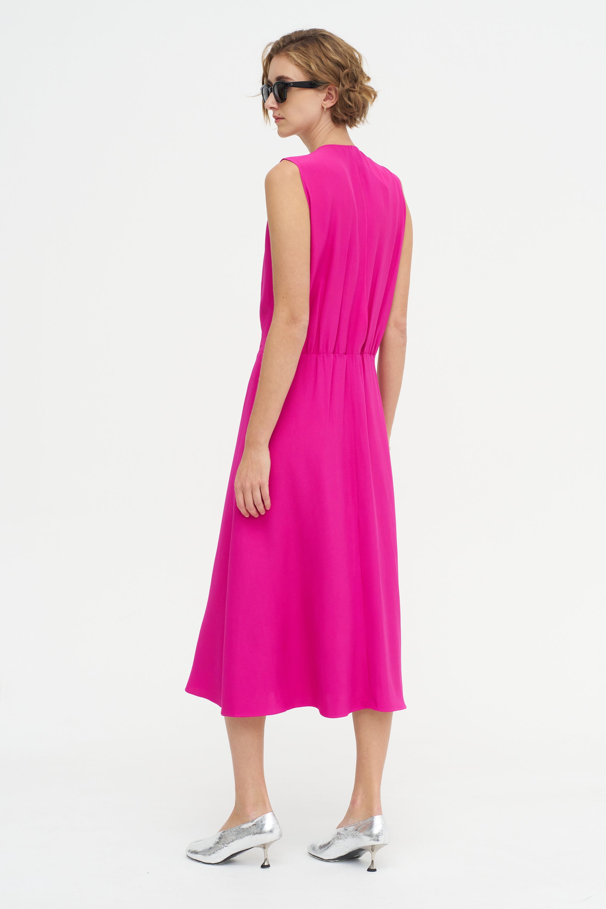 Salisbury - V-neck Viscose And Acetate Dress, Fuchsia