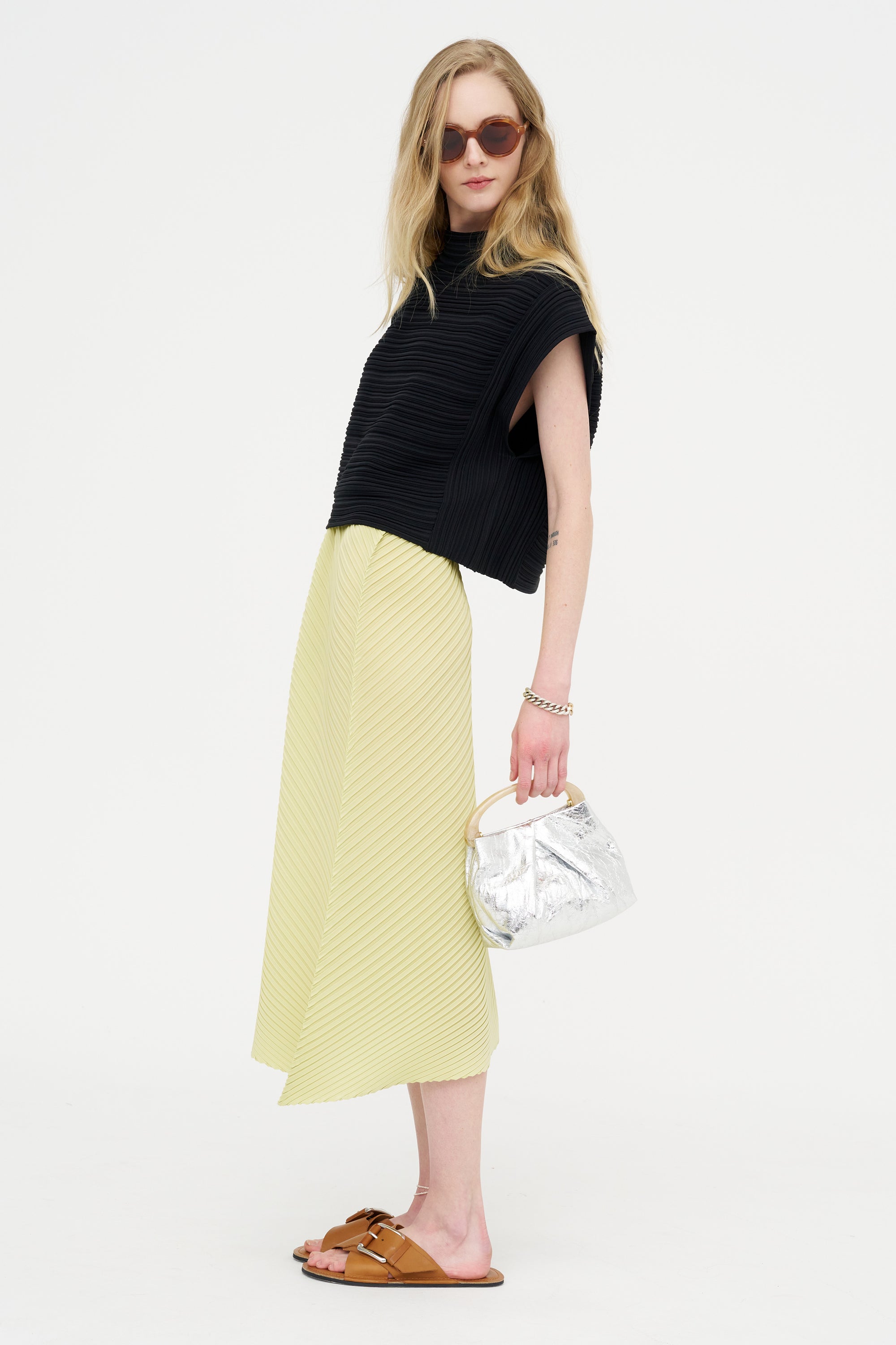 Plaster Pleats Solid Skirt, Light Green