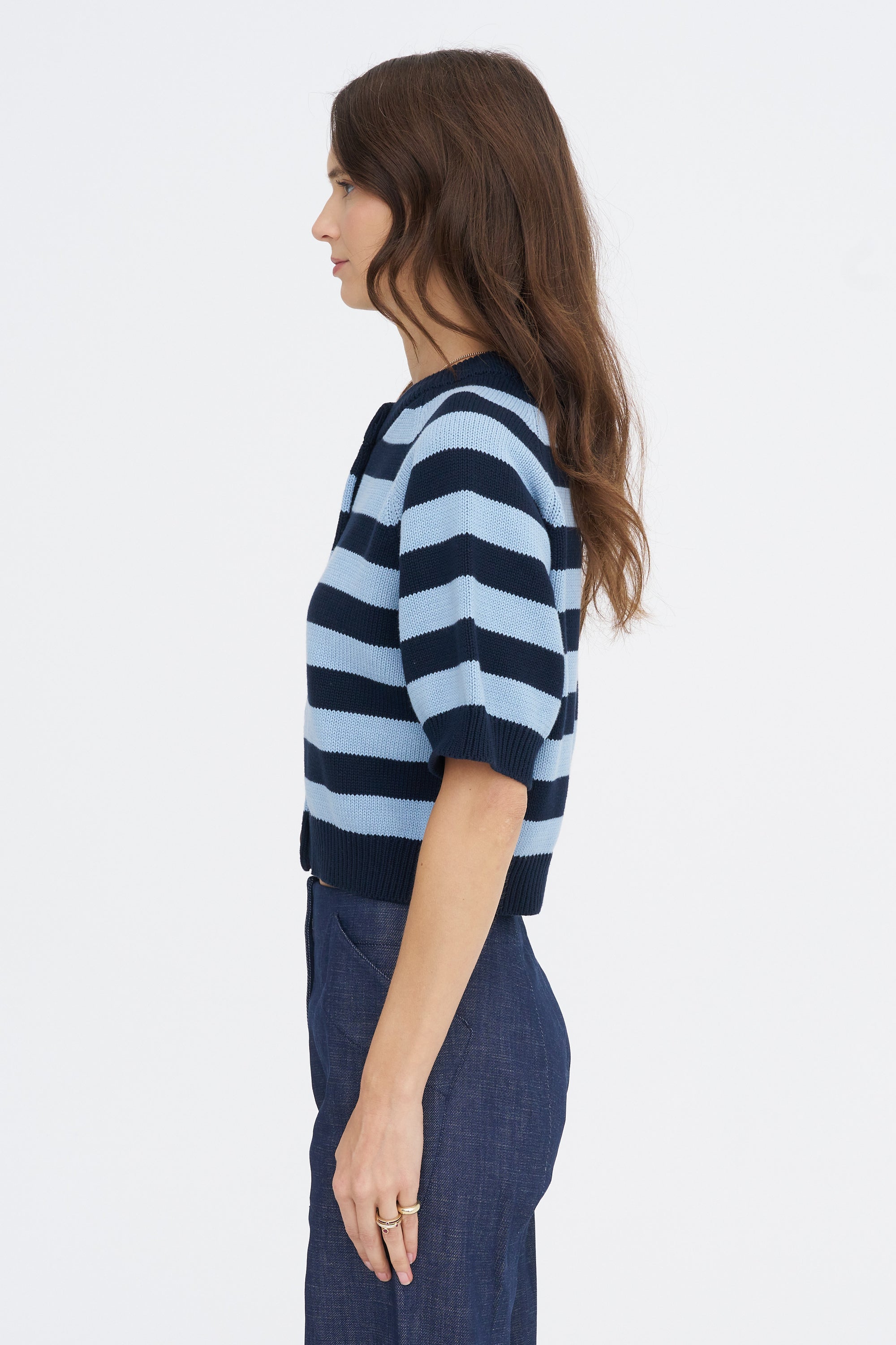 Lakti Stripe Cotton Cardigan, Navy &amp; Dusty Blue