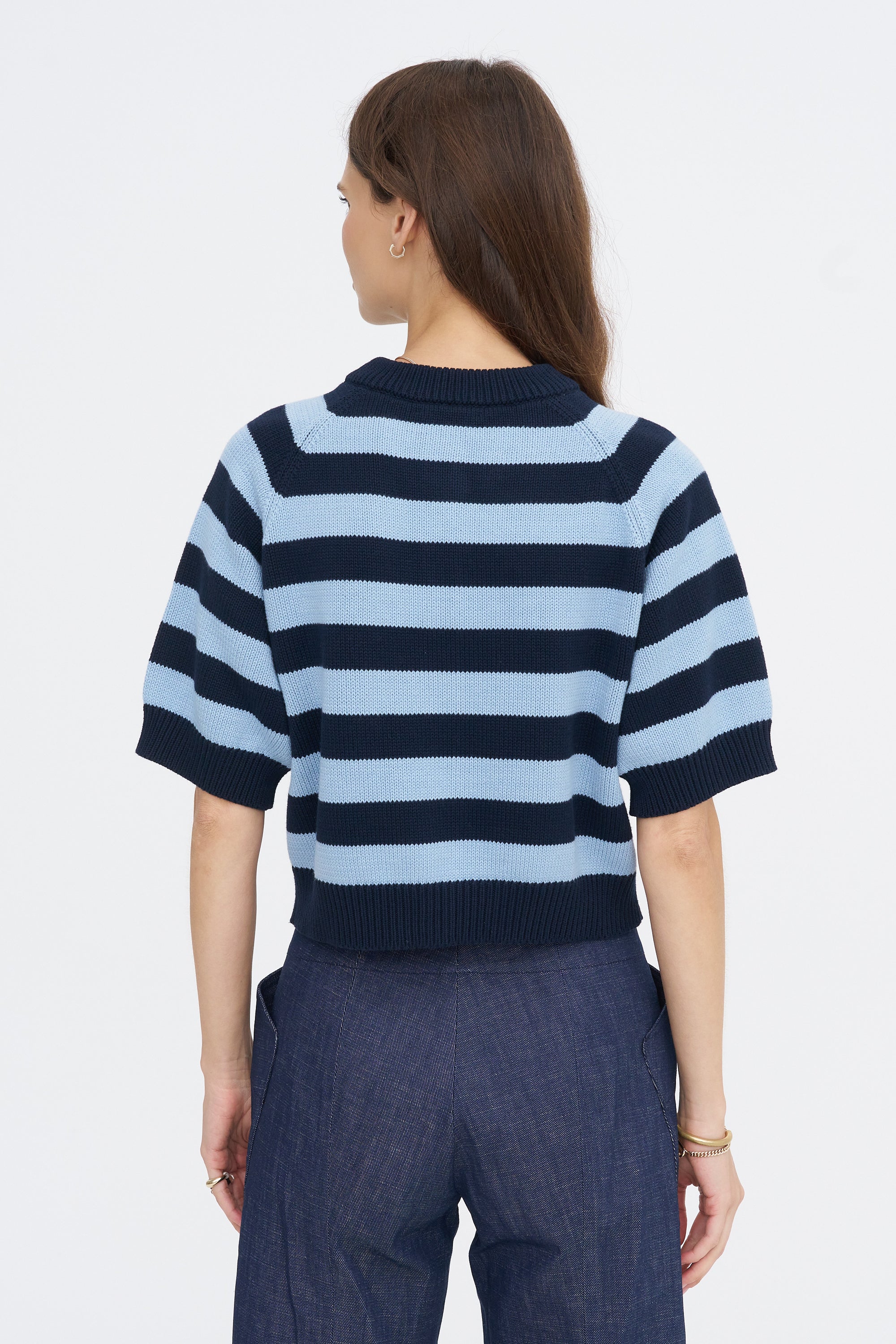Lakti Stripe Cotton Cardigan, Navy &amp; Dusty Blue
