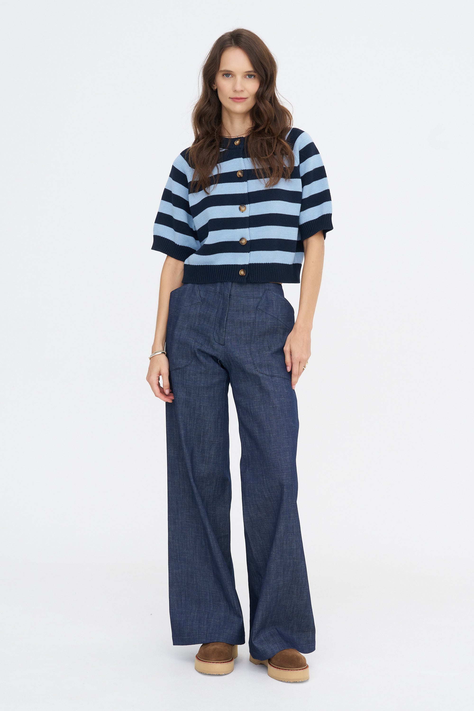 Lakti Stripe Cotton Cardigan, Navy &amp; Dusty Blue