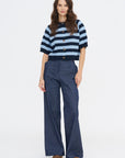 Lakti Stripe Cotton Cardigan, Navy & Dusty Blue