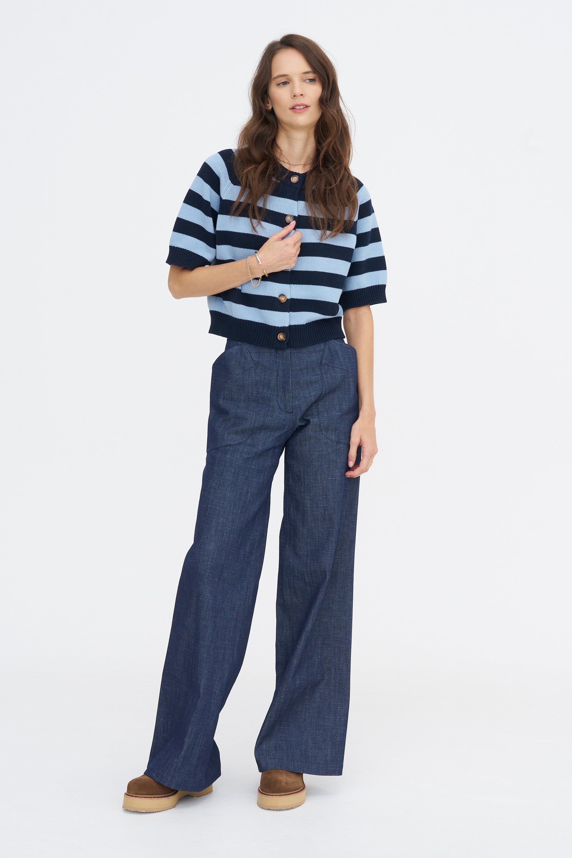 Lakti Stripe Cotton Cardigan, Navy &amp; Dusty Blue