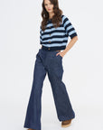 Lakti Stripe Cotton Cardigan, Navy & Dusty Blue