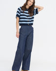 Lakti Stripe Cotton Cardigan, Navy & Dusty Blue