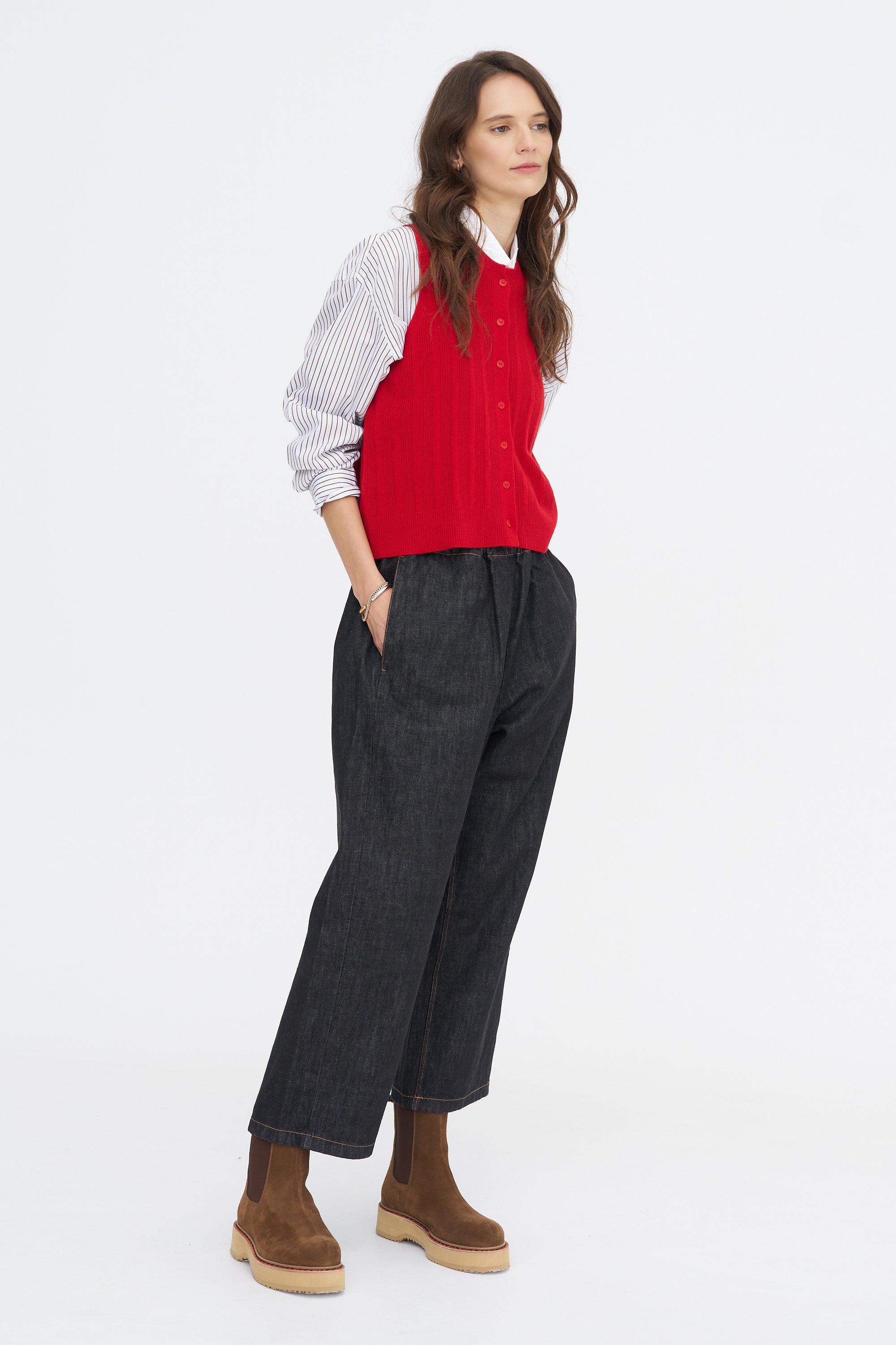 Merino Wool Ribbed Waistcoat, Red