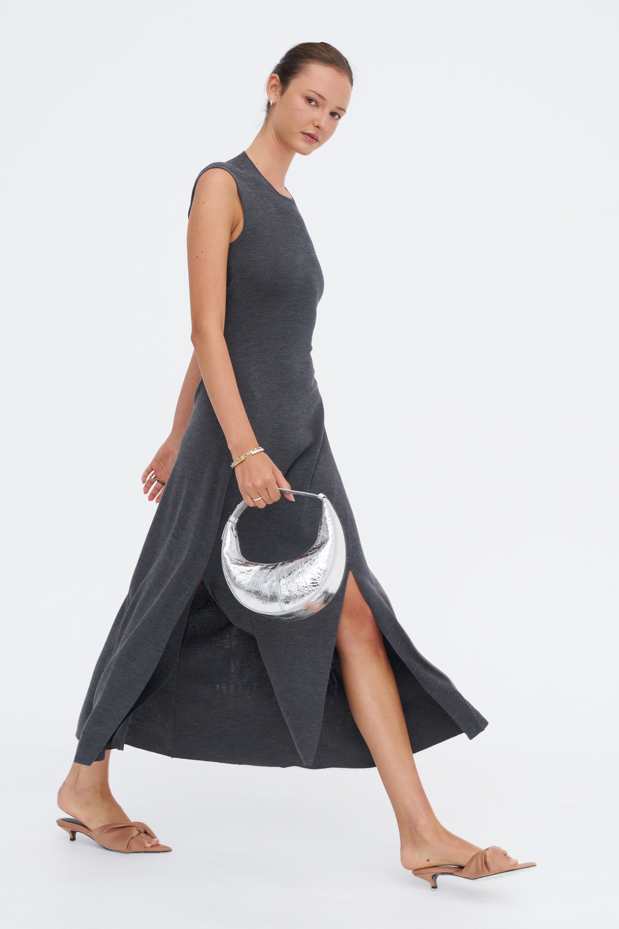Clara Knit Flared Dress, Mid Grey Melange