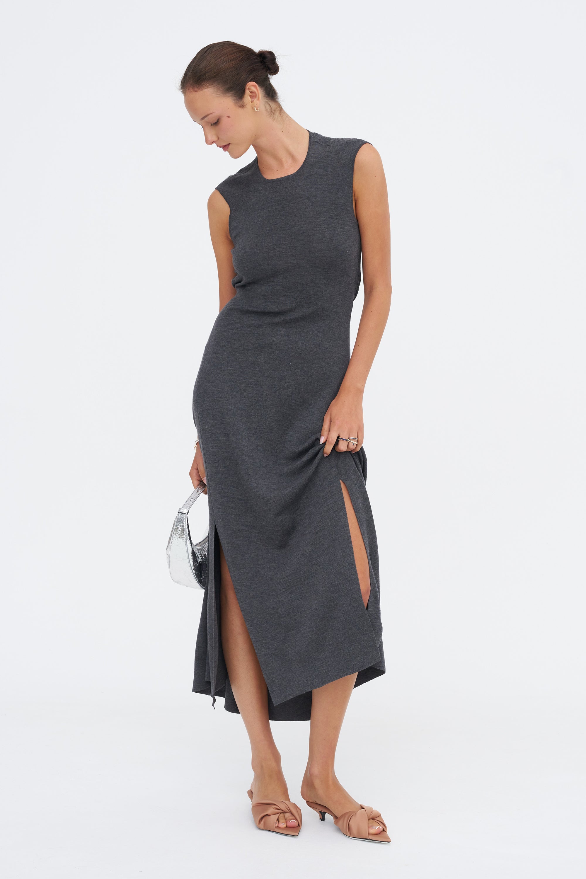 Clara Knit Flared Dress, Mid Grey Melange