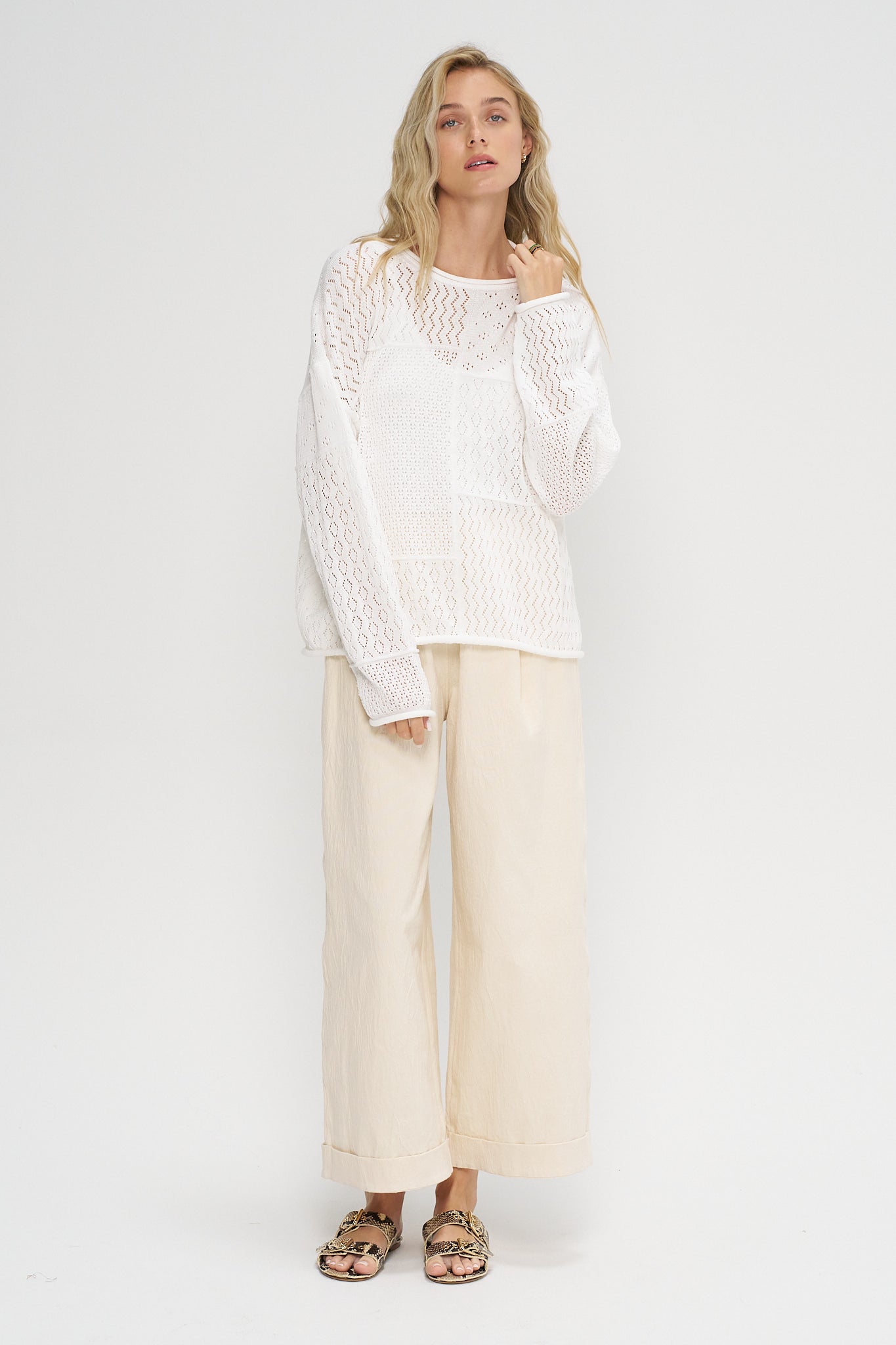 Mix Pointelle Crewneck, White
