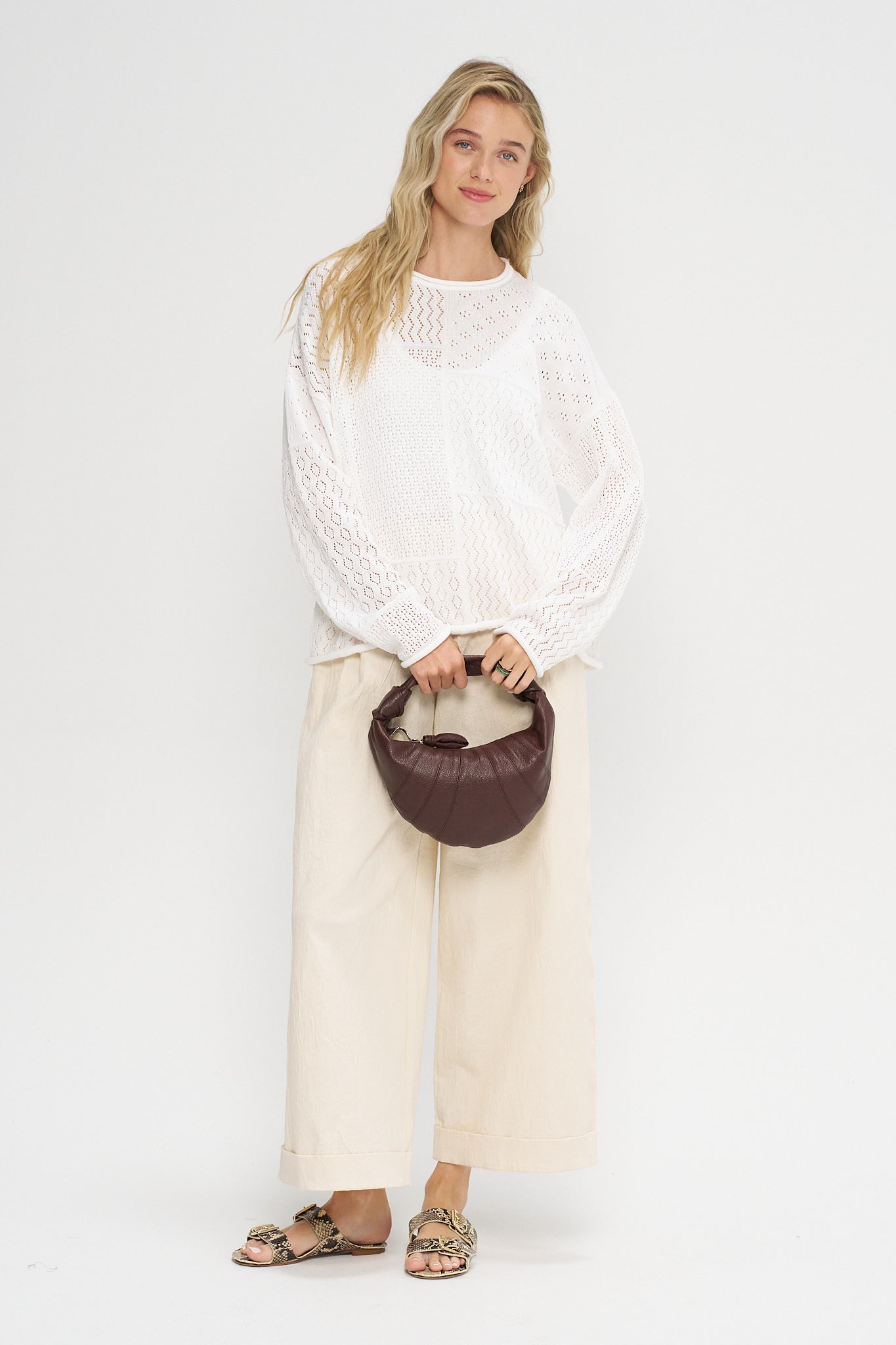 Mix Pointelle Crewneck, White